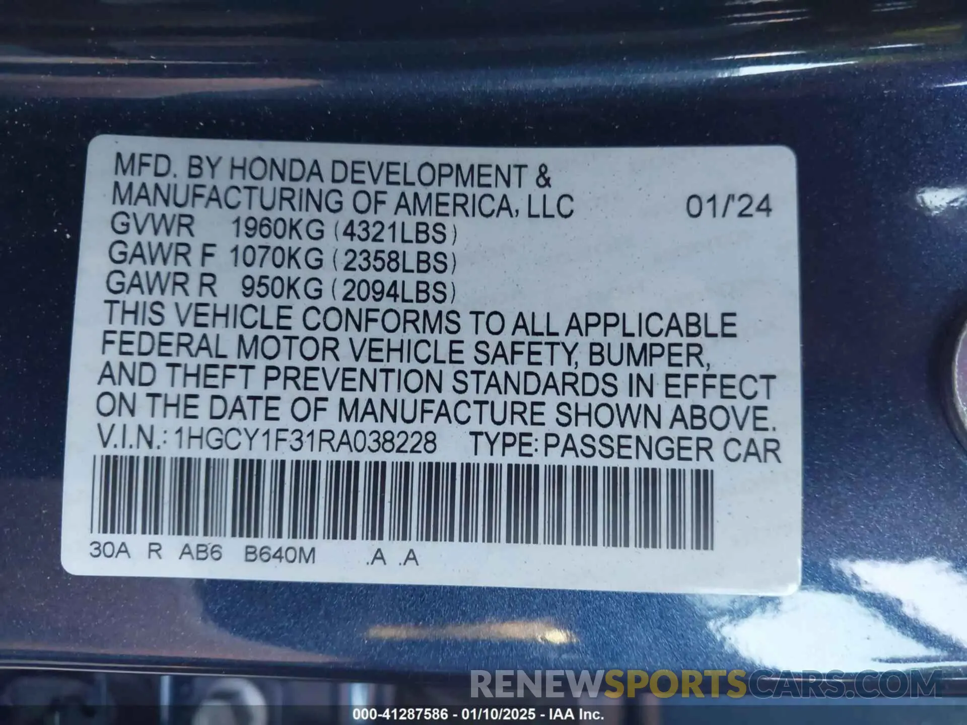 9 fotografías del automóvil dañado 1HGCY1F31RA038228 HONDA ACCORD 2024