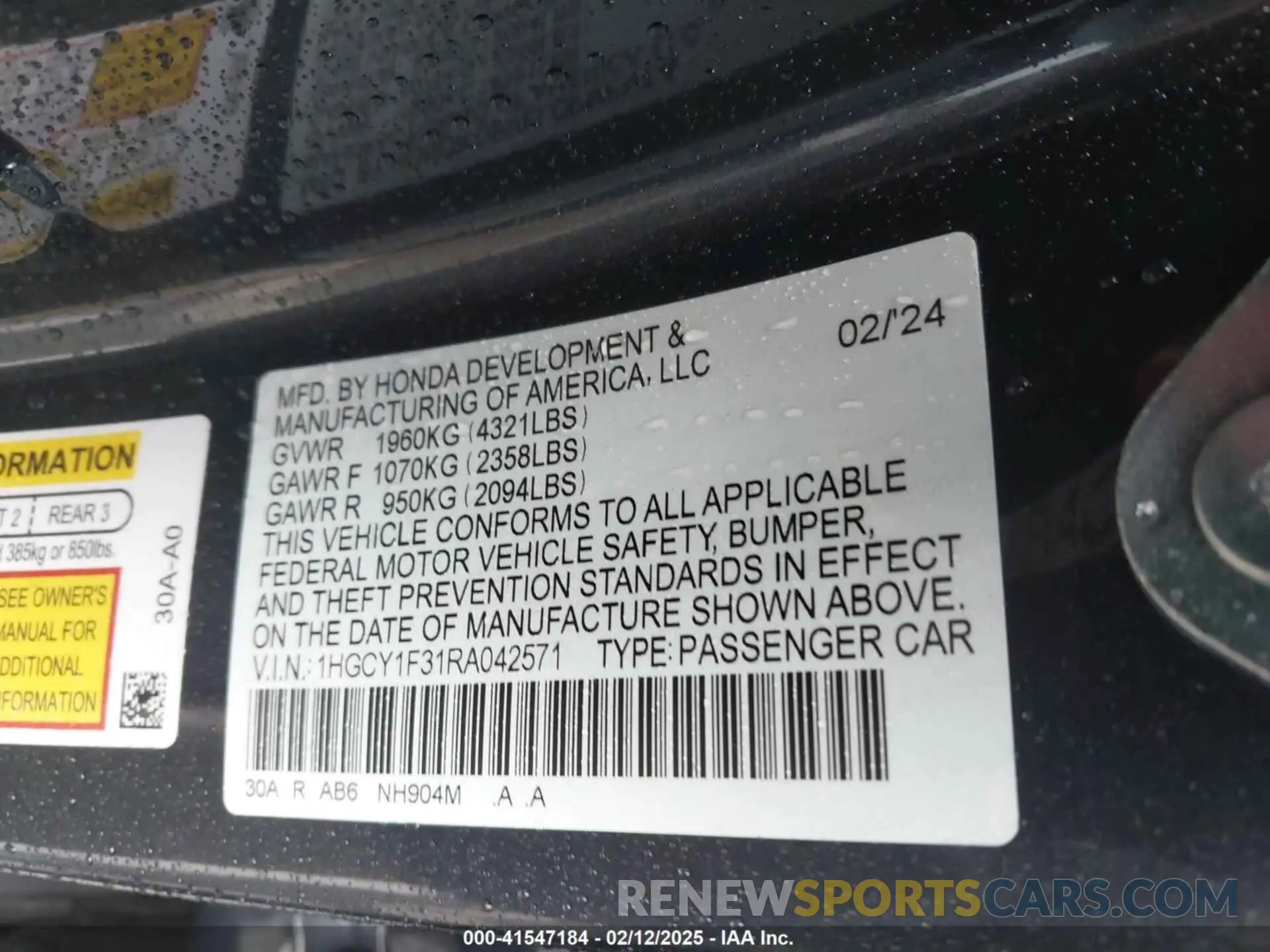 9 fotografías del automóvil dañado 1HGCY1F31RA042571 HONDA ACCORD 2024