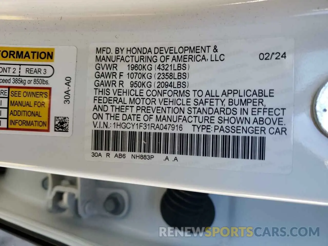 12 fotografías del automóvil dañado 1HGCY1F31RA047916 HONDA ACCORD 2024