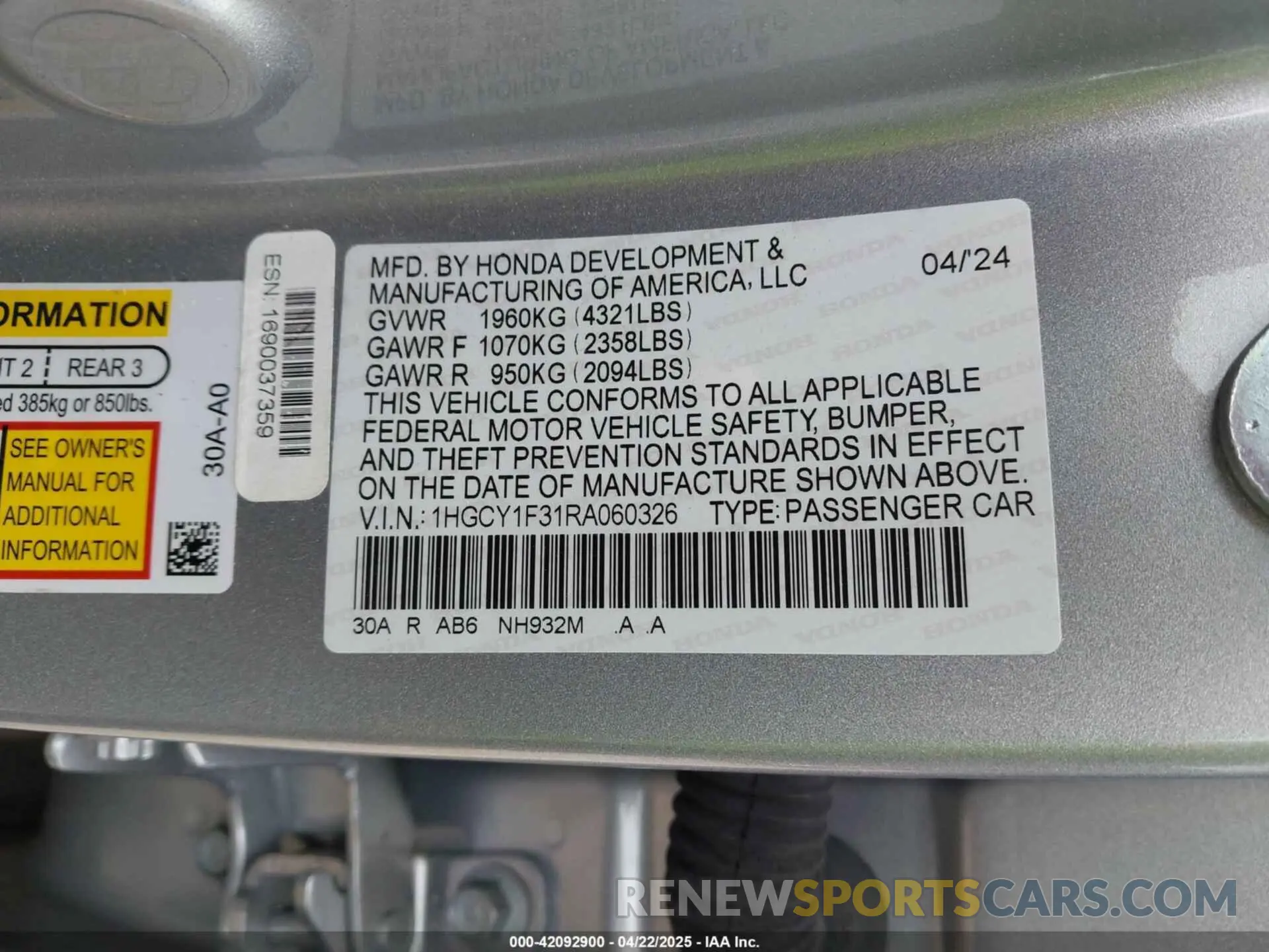 9 fotografías del automóvil dañado 1HGCY1F31RA060326 HONDA ACCORD 2024