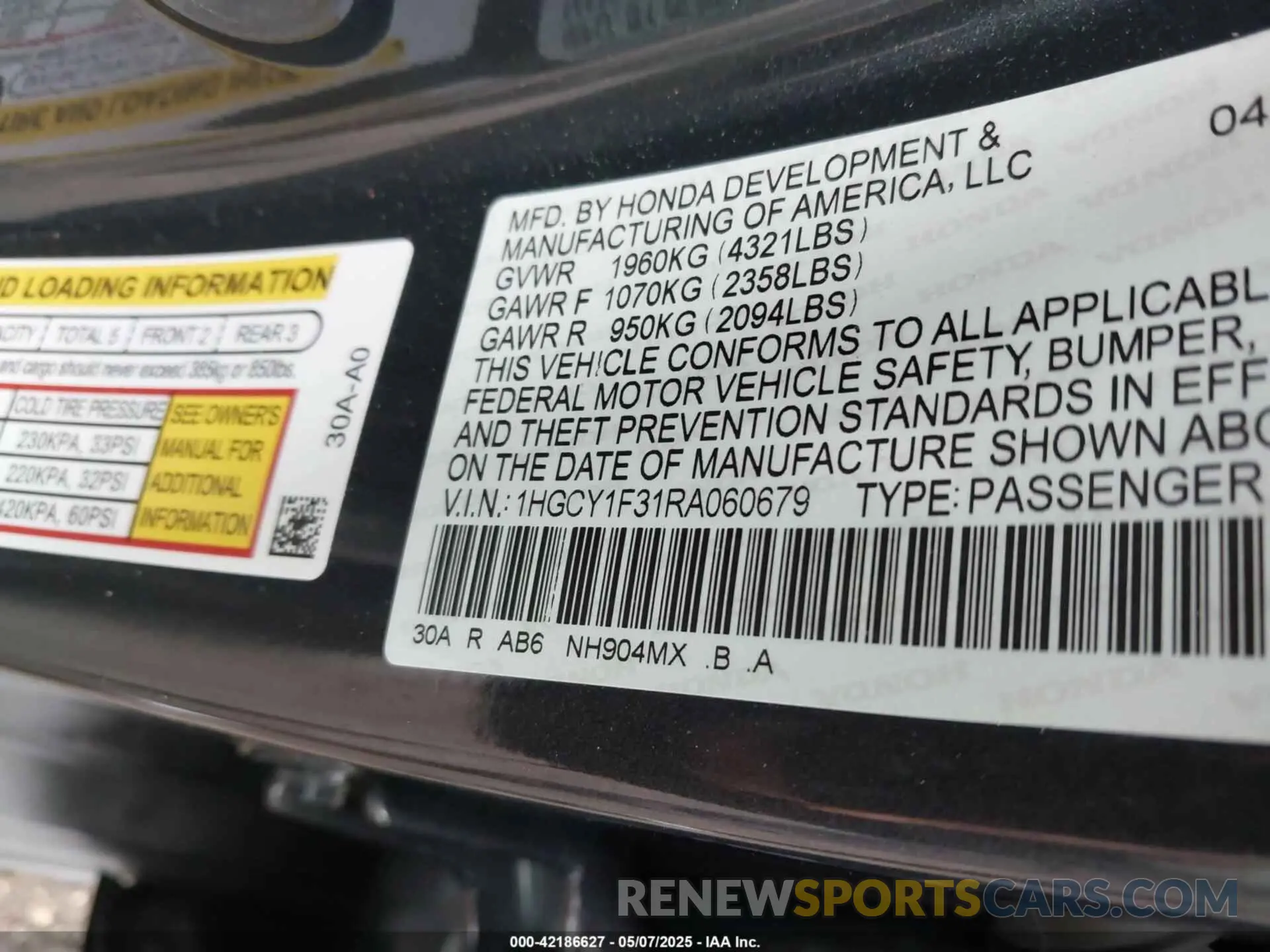 9 fotografías del automóvil dañado 1HGCY1F31RA060679 HONDA ACCORD 2024