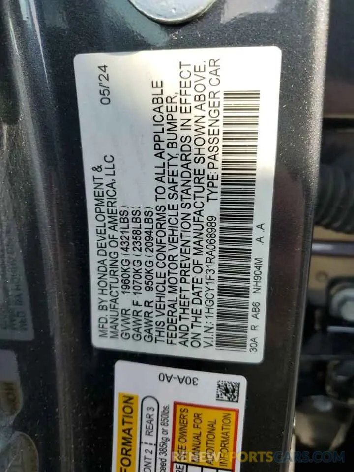 12 fotografías del automóvil dañado 1HGCY1F31RA068989 HONDA ACCORD 2024