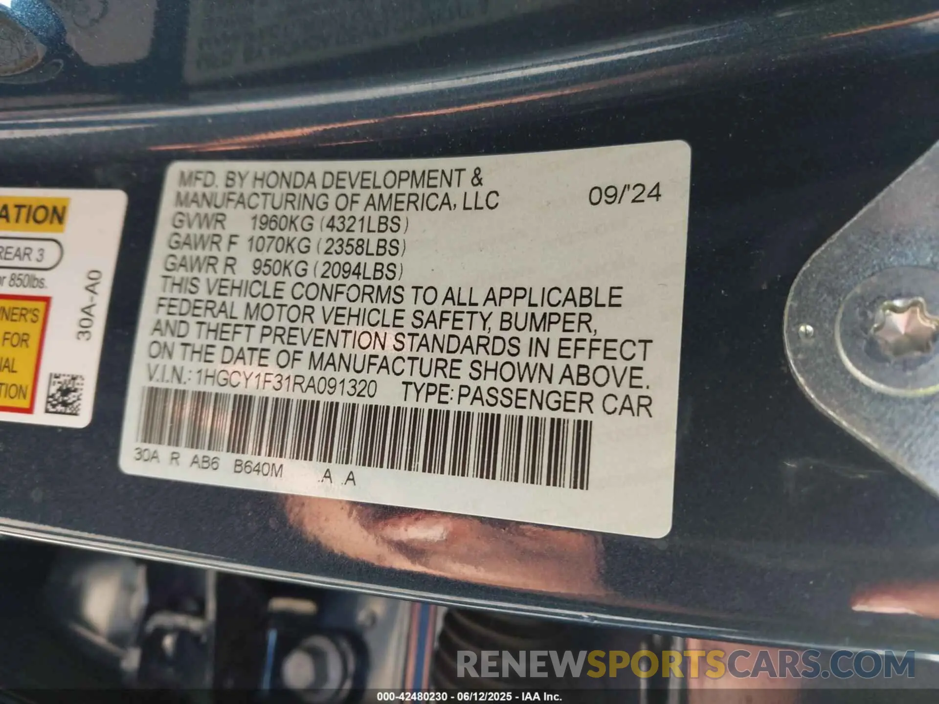 9 fotografías del automóvil dañado 1HGCY1F31RA091320 HONDA ACCORD 2024