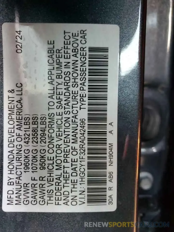 12 fotografías del automóvil dañado 1HGCY1F32RA042496 HONDA ACCORD 2024