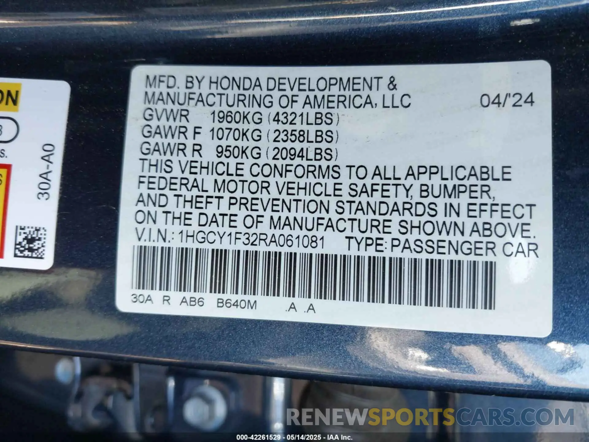 9 fotografías del automóvil dañado 1HGCY1F32RA061081 HONDA ACCORD 2024