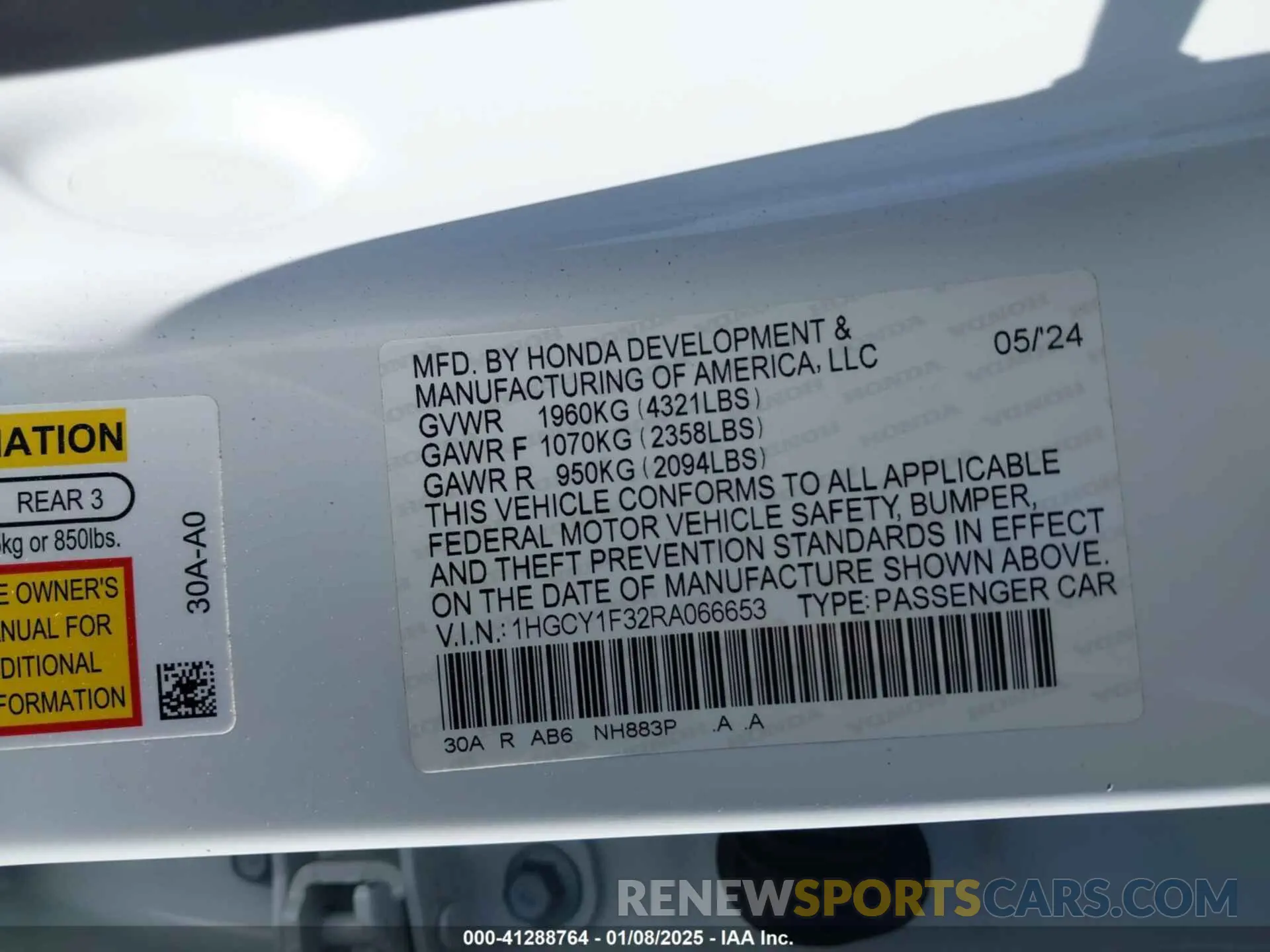 9 fotografías del automóvil dañado 1HGCY1F32RA066653 HONDA ACCORD 2024