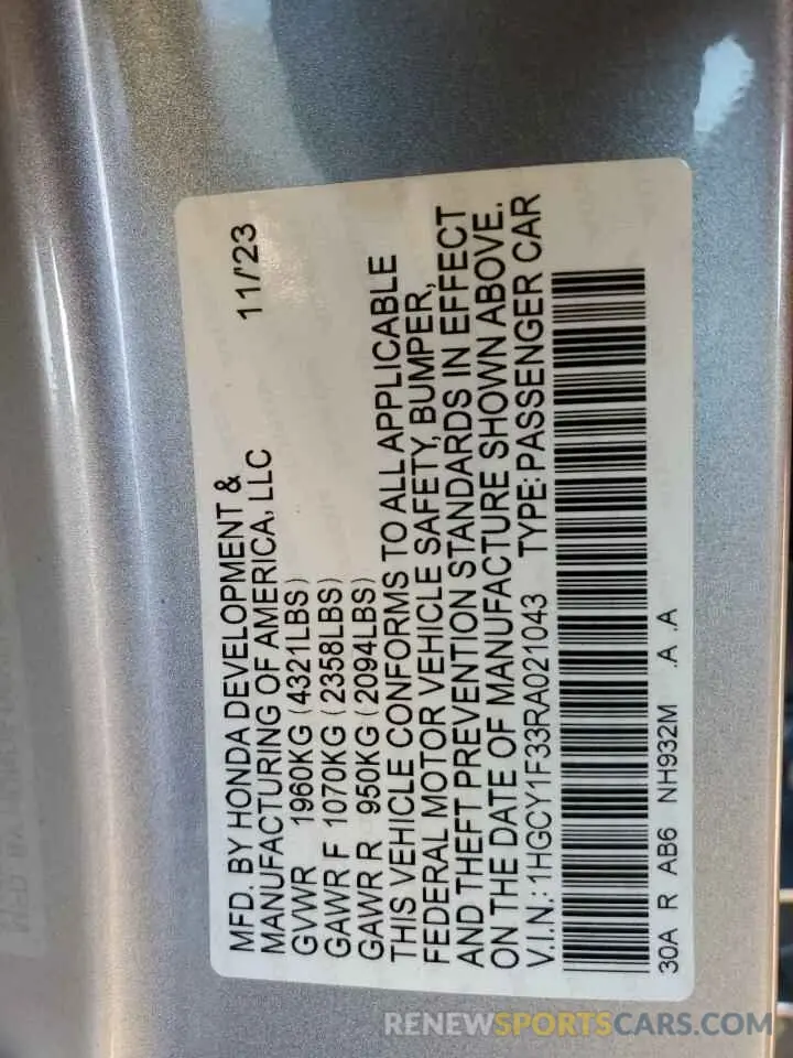 14 fotografías del automóvil dañado 1HGCY1F33RA021043 HONDA ACCORD 2024