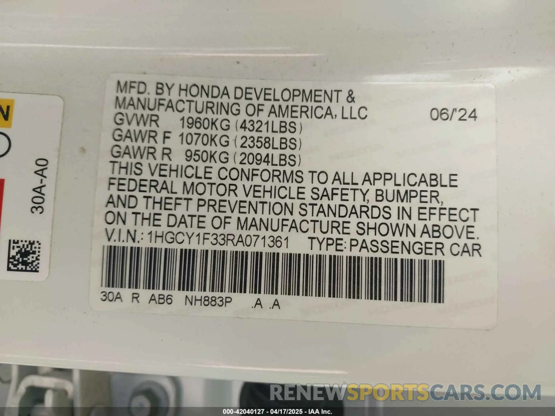 9 fotografías del automóvil dañado 1HGCY1F33RA071361 HONDA ACCORD 2024