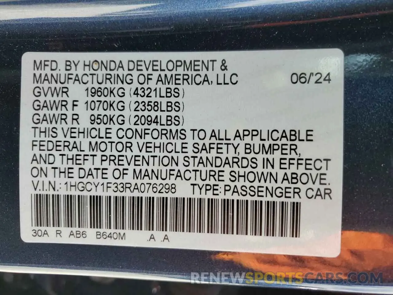 15 fotografías del automóvil dañado 1HGCY1F33RA076298 HONDA ACCORD 2024
