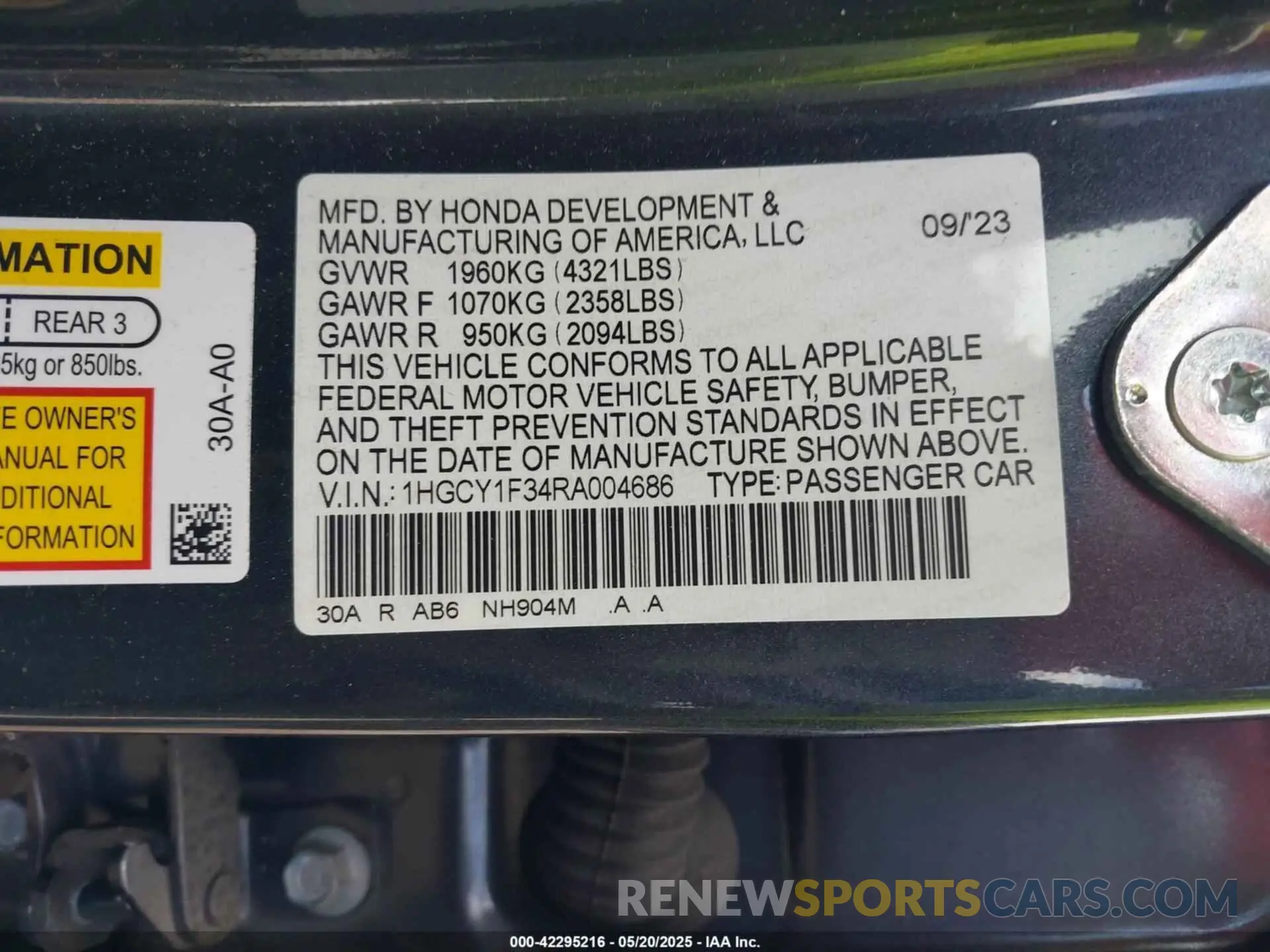 9 fotografías del automóvil dañado 1HGCY1F34RA004686 HONDA ACCORD 2024