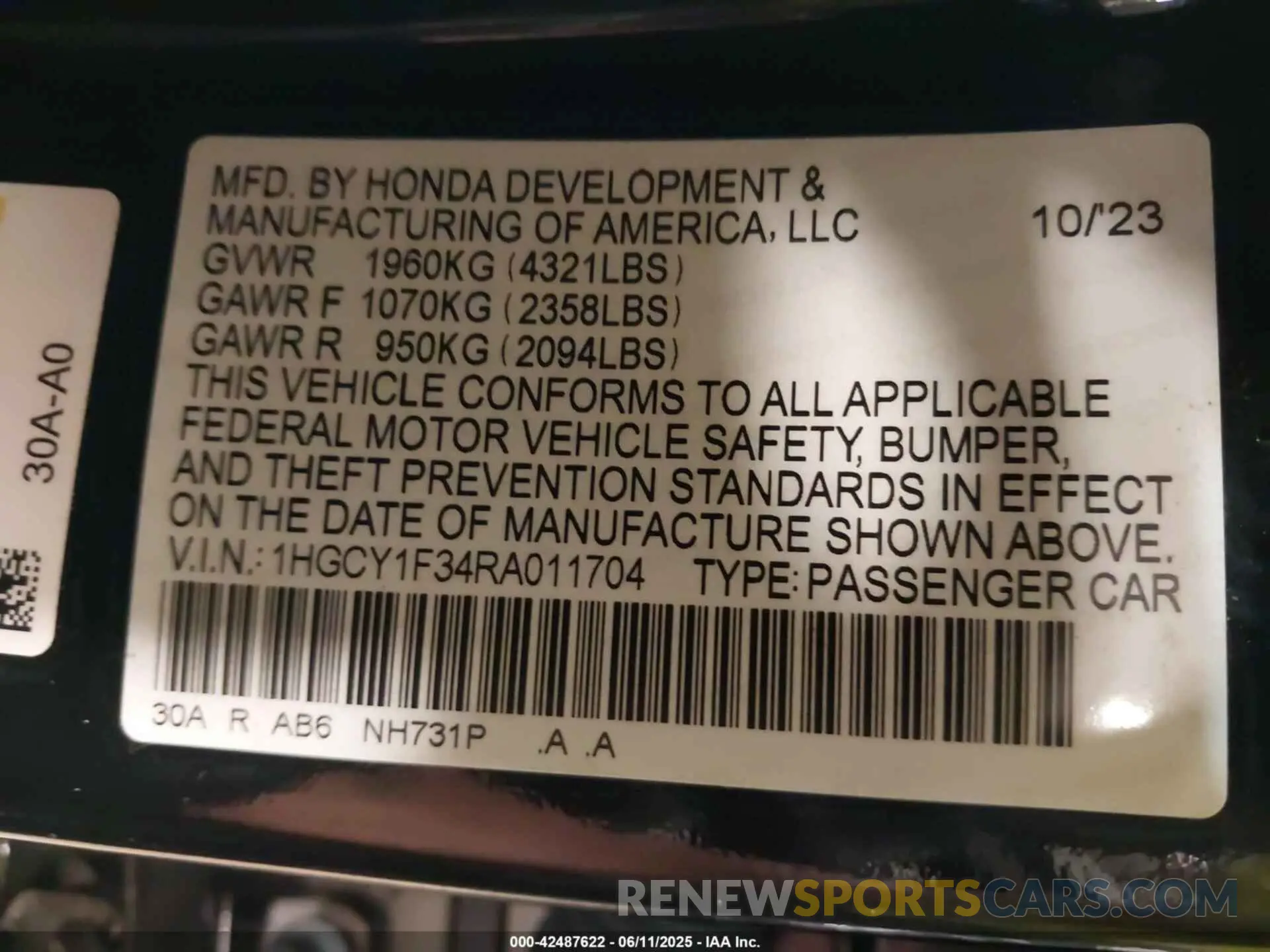 9 fotografías del automóvil dañado 1HGCY1F34RA011704 HONDA ACCORD 2024