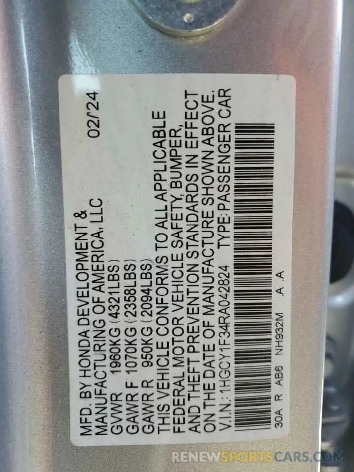 12 fotografías del automóvil dañado 1HGCY1F34RA042824 HONDA ACCORD 2024