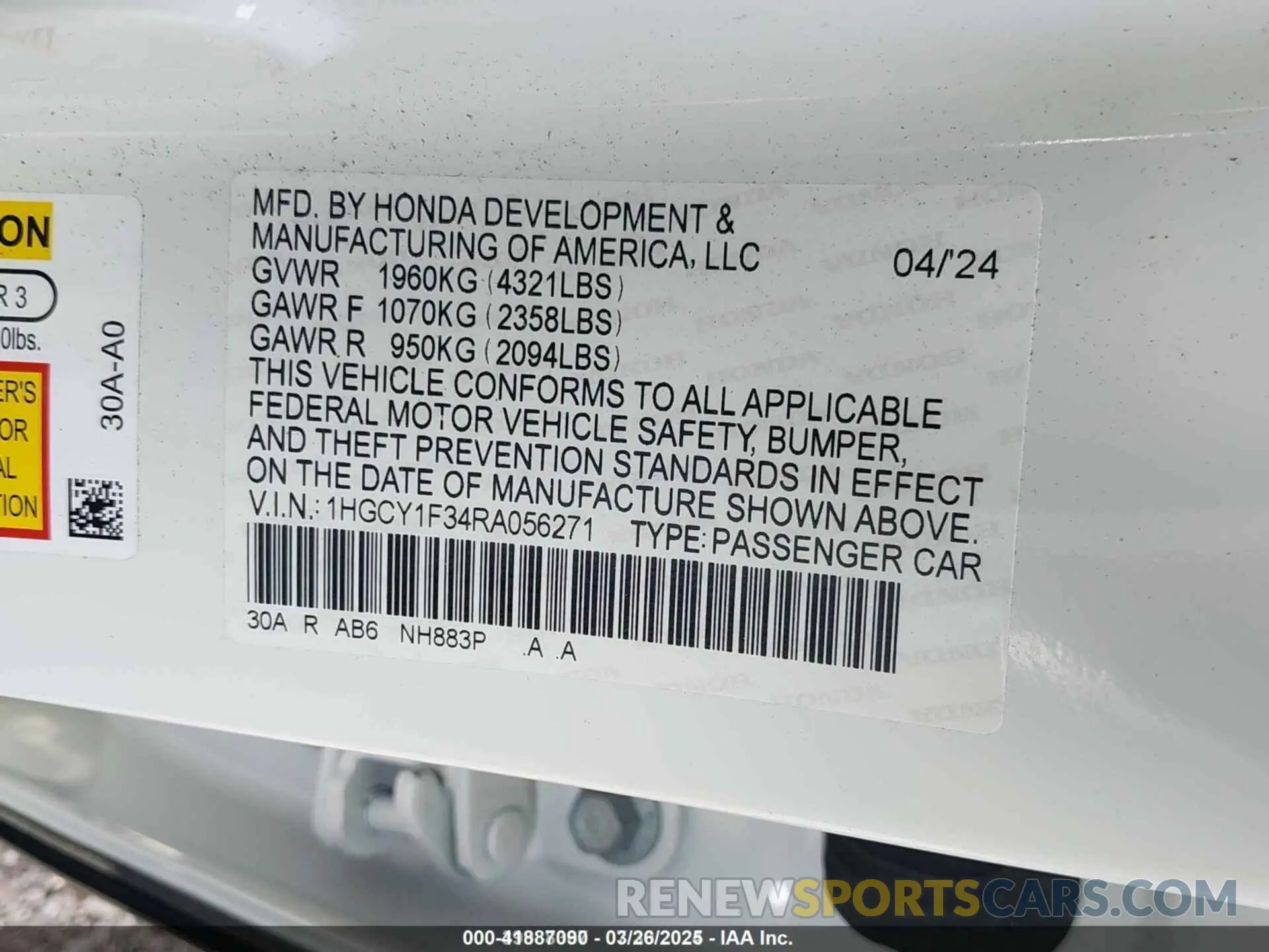 9 fotografías del automóvil dañado 1HGCY1F34RA056271 HONDA ACCORD 2024