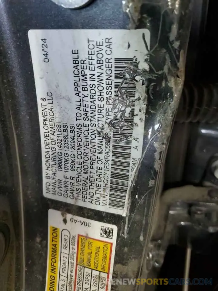 12 fotografías del automóvil dañado 1HGCY1F34RA058926 HONDA ACCORD 2024