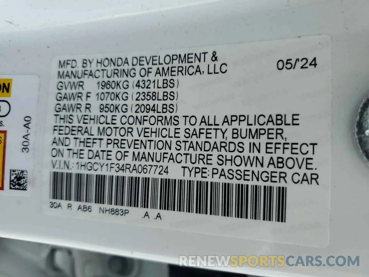 13 fotografías del automóvil dañado 1HGCY1F34RA067724 HONDA ACCORD 2024