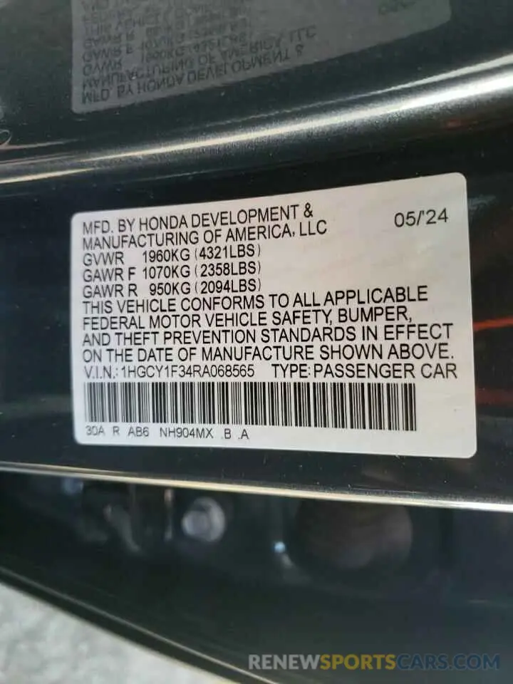 15 fotografías del automóvil dañado 1HGCY1F34RA068565 HONDA ACCORD 2024