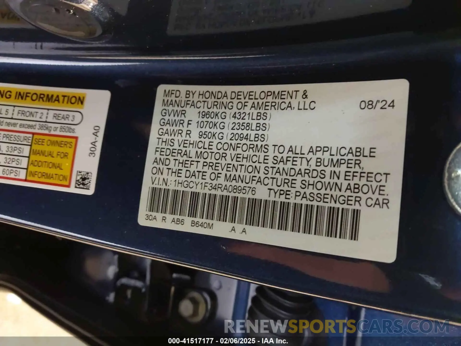 9 fotografías del automóvil dañado 1HGCY1F34RA089576 HONDA ACCORD 2024