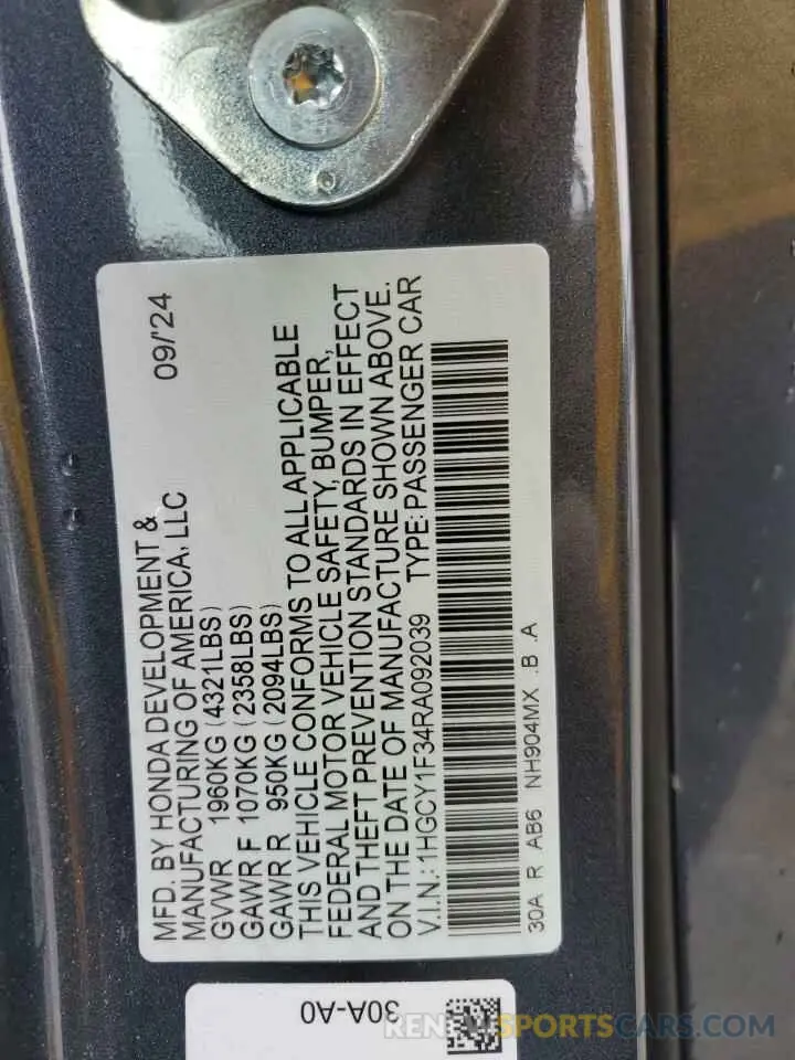 14 fotografías del automóvil dañado 1HGCY1F34RA092039 HONDA ACCORD 2024