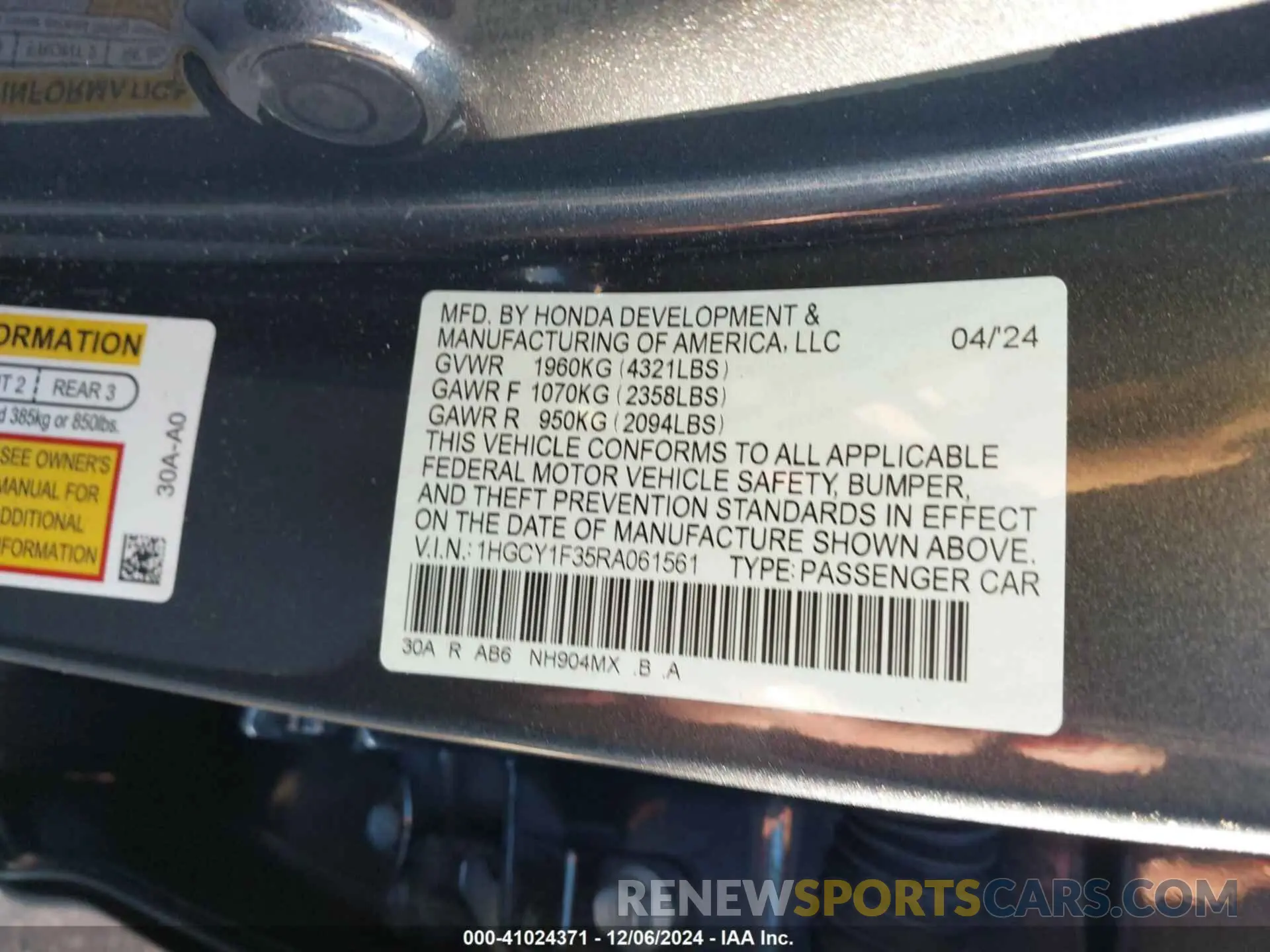 9 fotografías del automóvil dañado 1HGCY1F35RA061561 HONDA ACCORD 2024