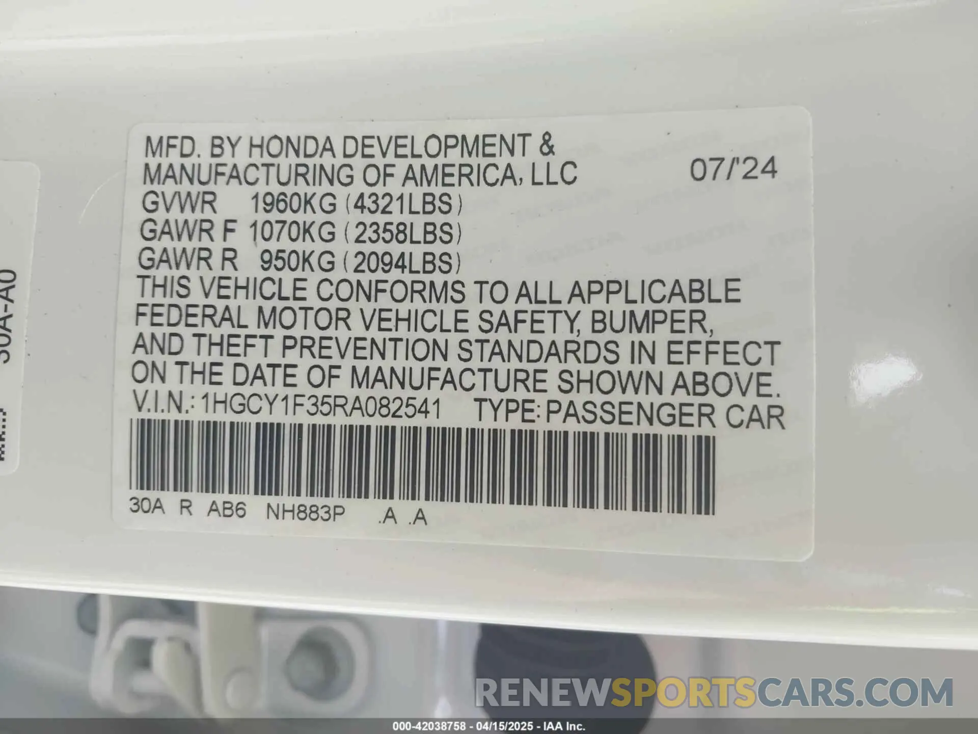 9 fotografías del automóvil dañado 1HGCY1F35RA082541 HONDA ACCORD 2024