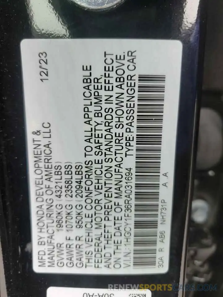 14 fotografías del automóvil dañado 1HGCY1F36RA031694 HONDA ACCORD 2024