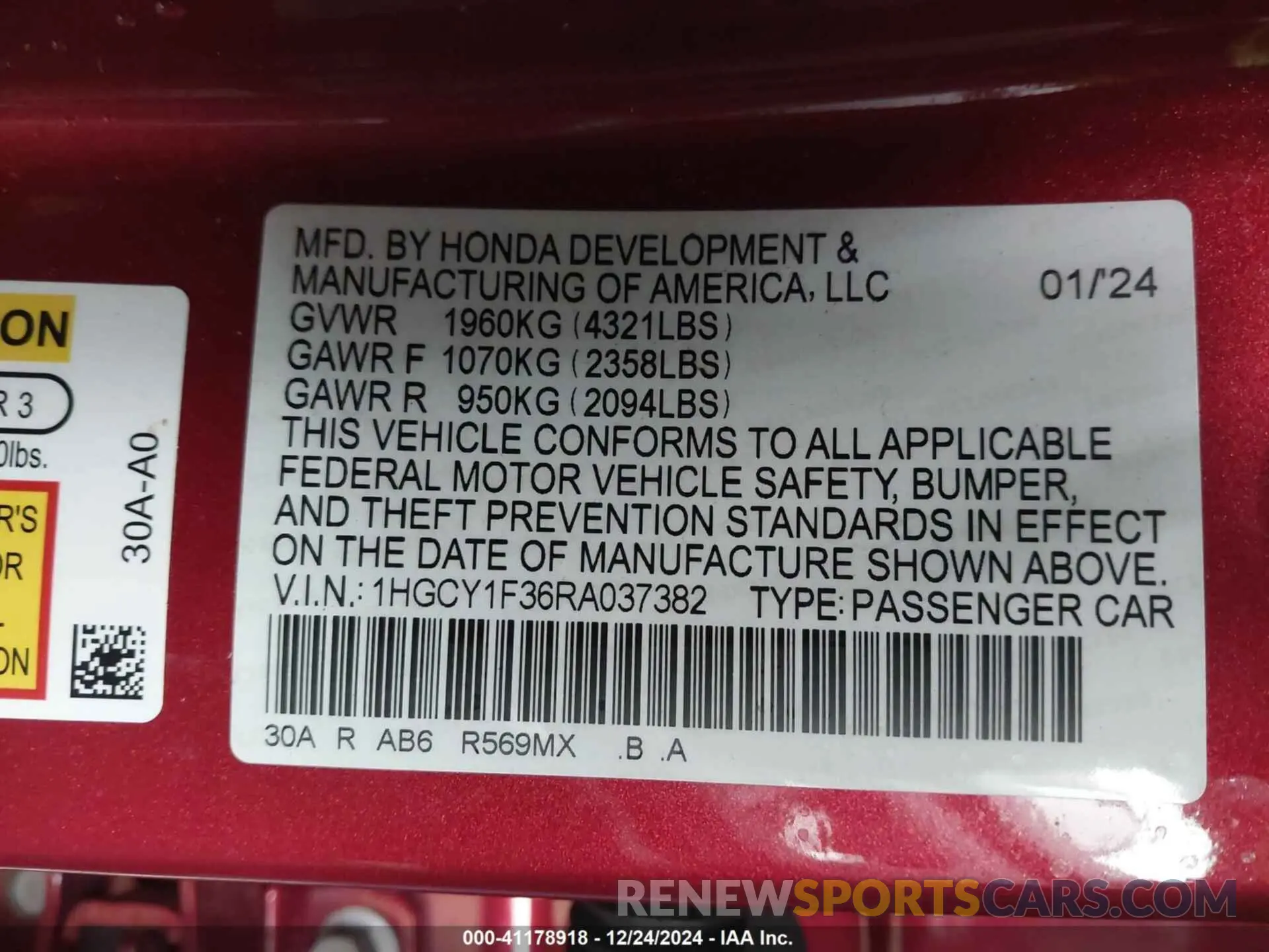 9 fotografías del automóvil dañado 1HGCY1F36RA037382 HONDA ACCORD 2024