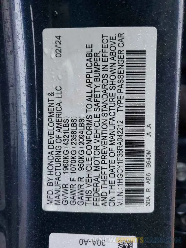 12 fotografías del automóvil dañado 1HGCY1F36RA042212 HONDA ACCORD 2024