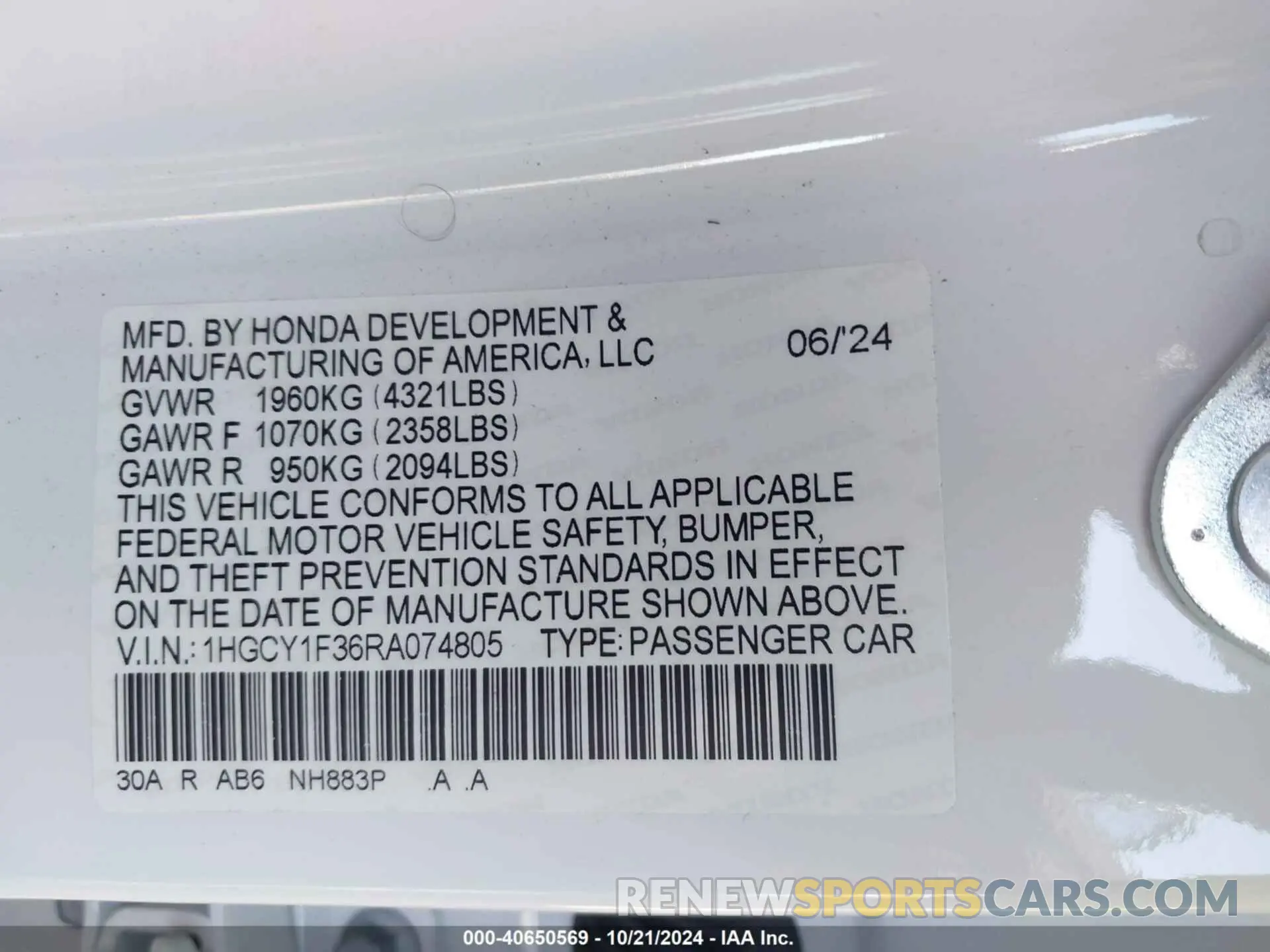 9 fotografías del automóvil dañado 1HGCY1F36RA074805 HONDA ACCORD 2024