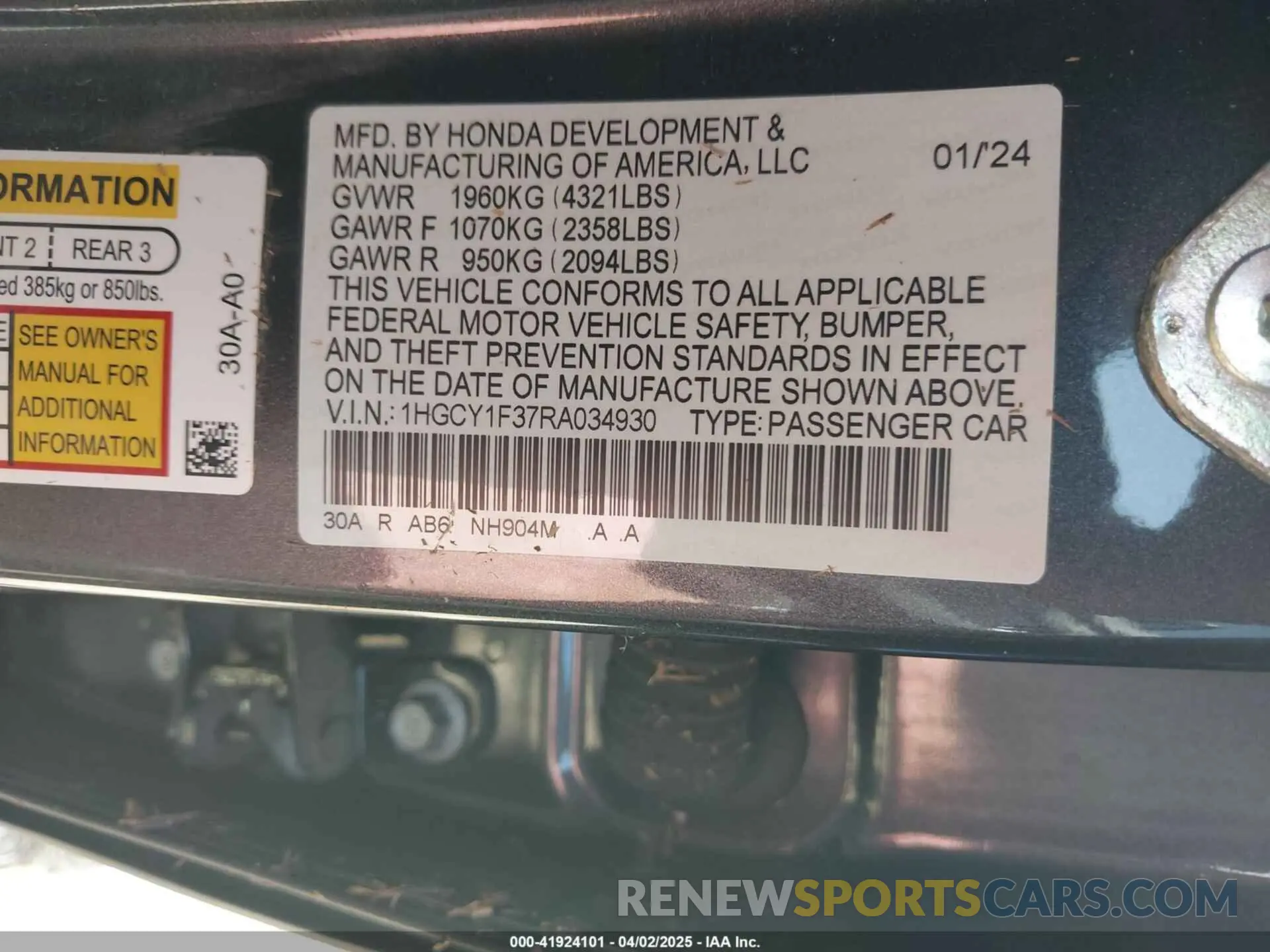 9 fotografías del automóvil dañado 1HGCY1F37RA034930 HONDA ACCORD 2024