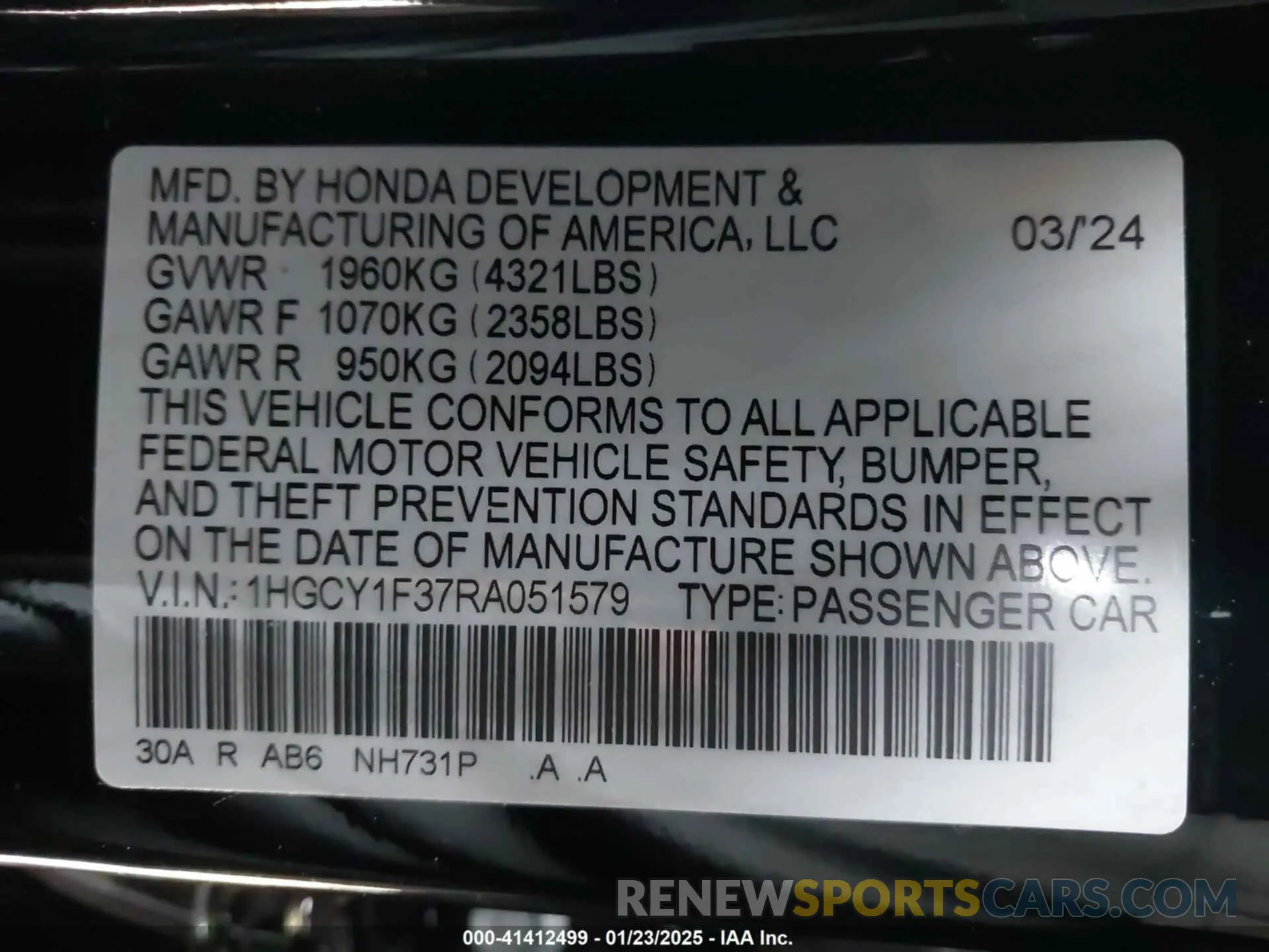 9 fotografías del automóvil dañado 1HGCY1F37RA051579 HONDA ACCORD 2024