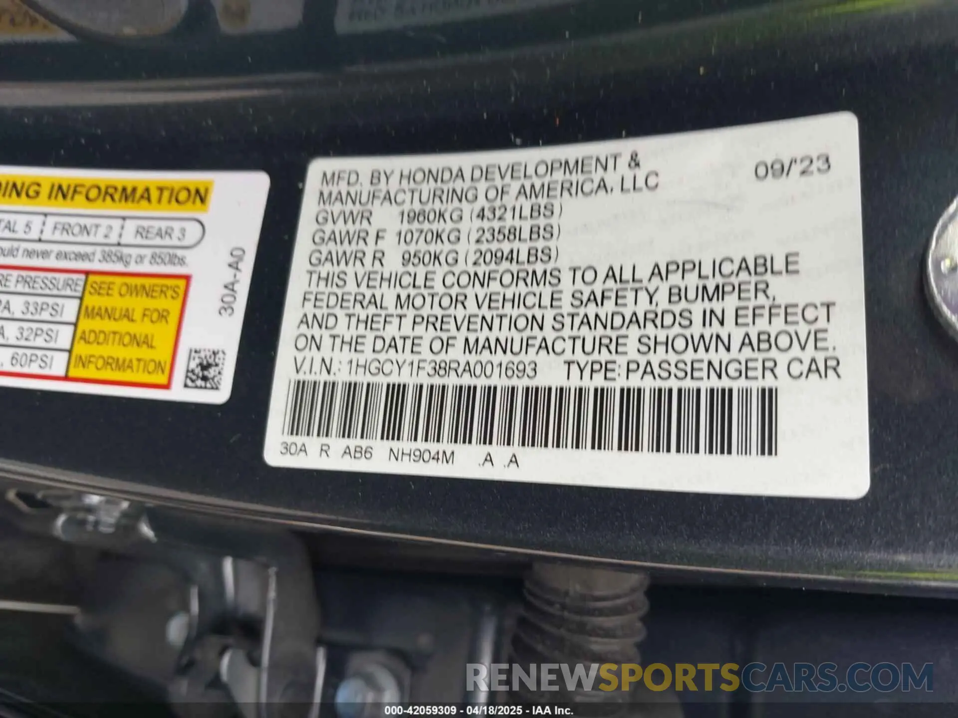 9 fotografías del automóvil dañado 1HGCY1F38RA001693 HONDA ACCORD 2024
