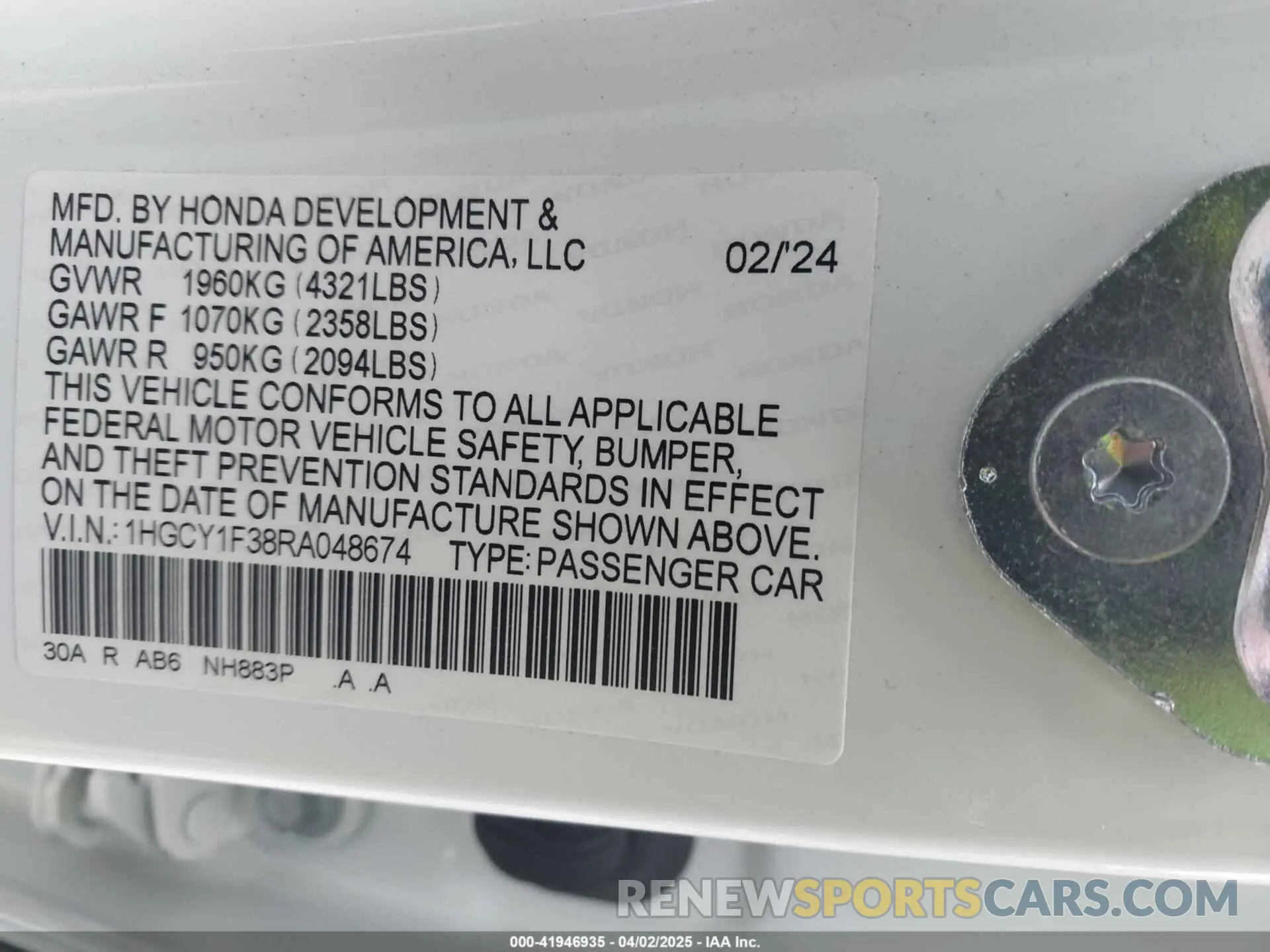 9 fotografías del automóvil dañado 1HGCY1F38RA048674 HONDA ACCORD 2024