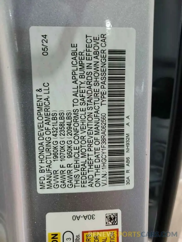 12 fotografías del automóvil dañado 1HGCY1F38RA062560 HONDA ACCORD 2024
