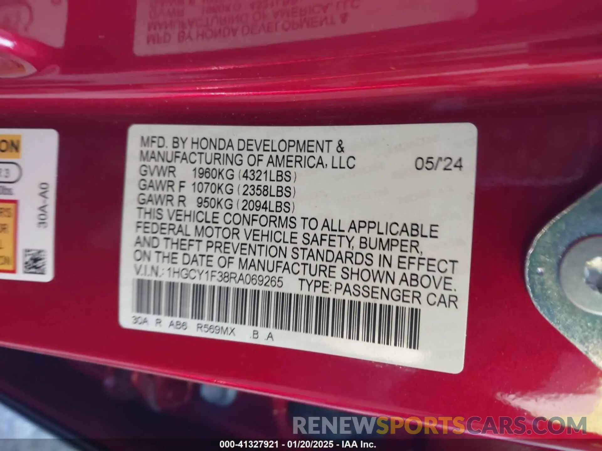 9 fotografías del automóvil dañado 1HGCY1F38RA069265 HONDA ACCORD 2024