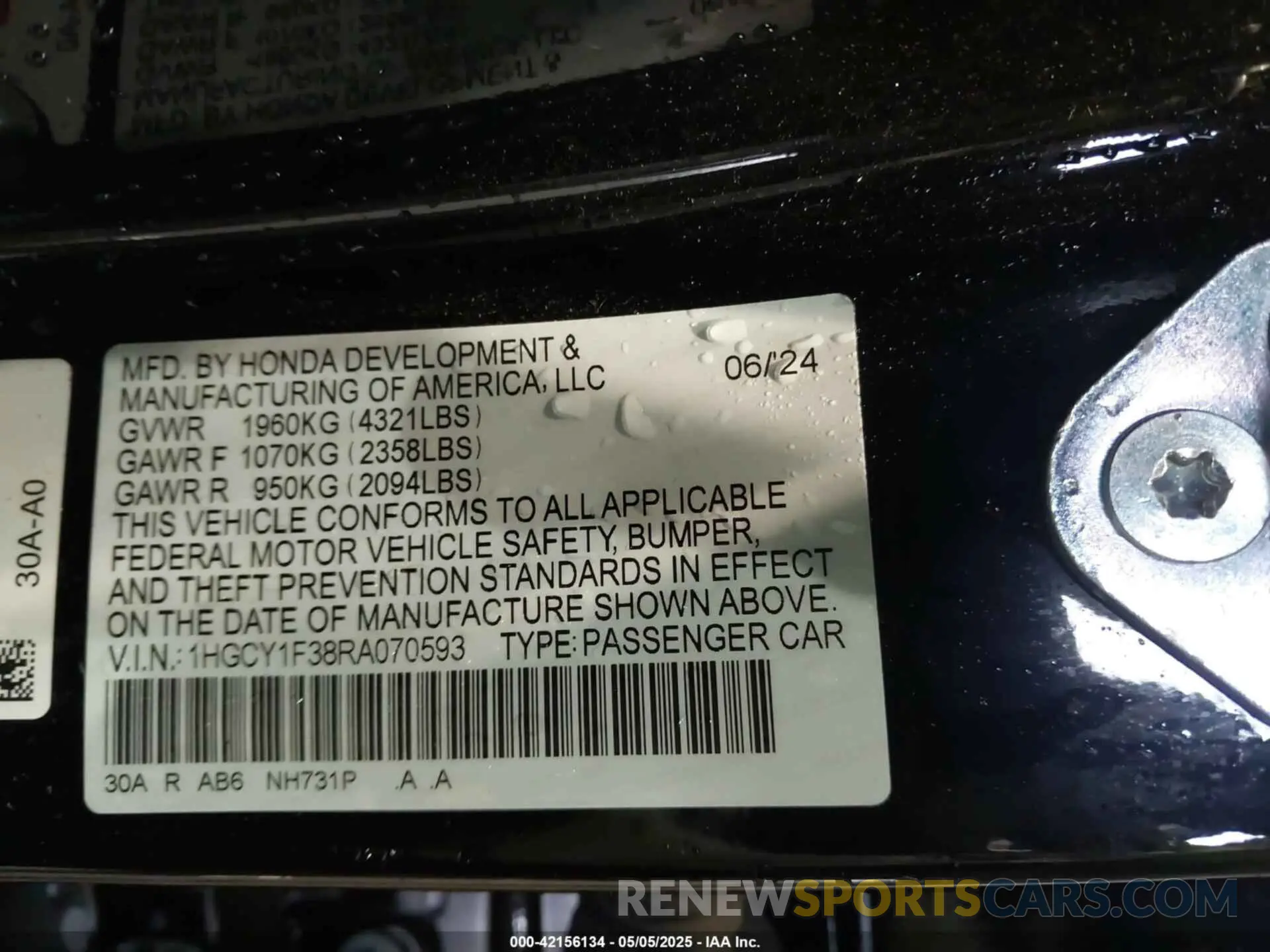 9 fotografías del automóvil dañado 1HGCY1F38RA070593 HONDA ACCORD 2024
