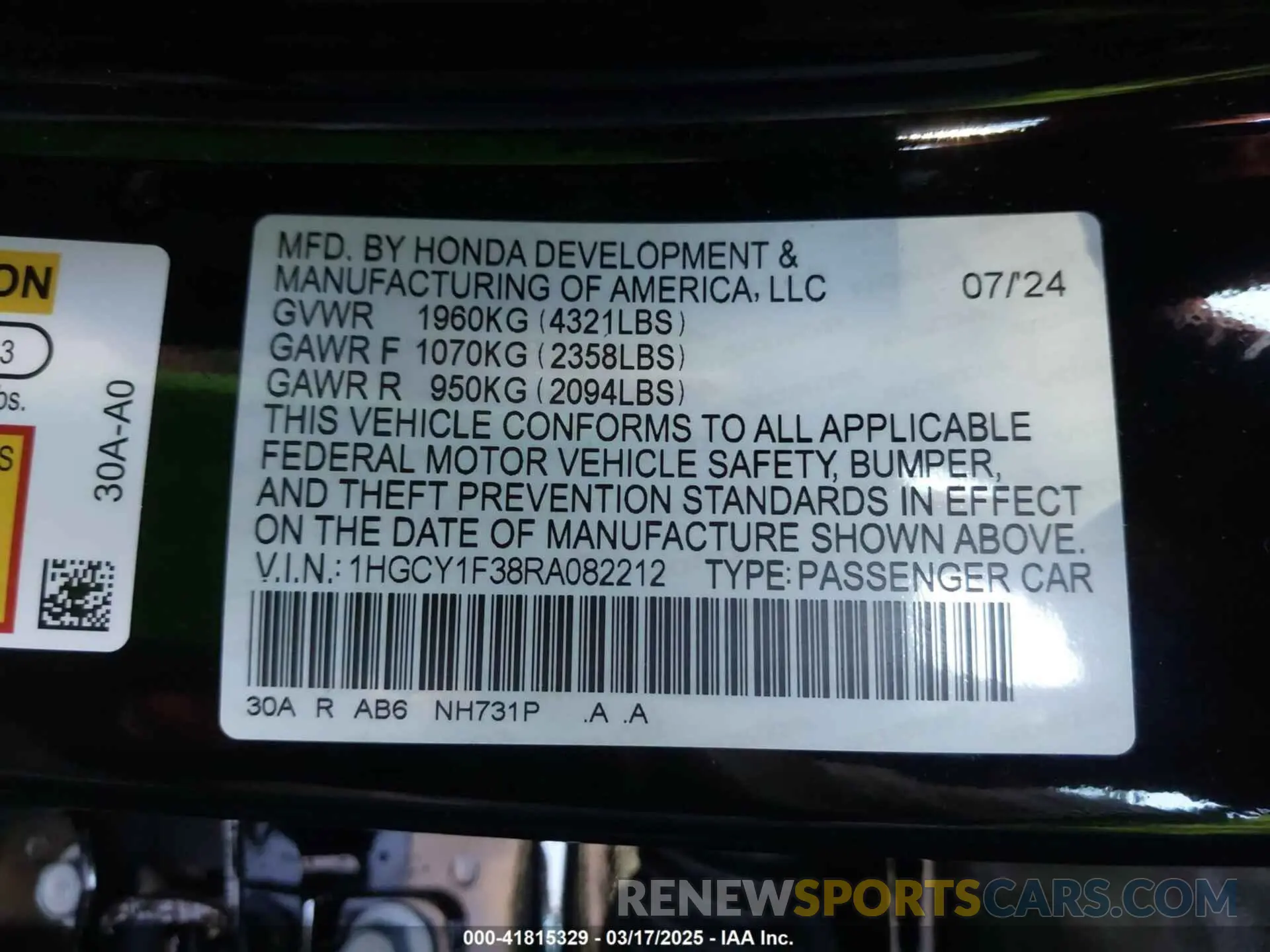 9 fotografías del automóvil dañado 1HGCY1F38RA082212 HONDA ACCORD 2024
