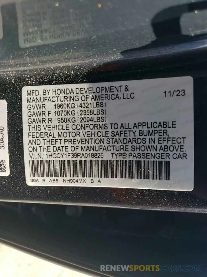 15 fotografías del automóvil dañado 1HGCY1F39RA018826 HONDA ACCORD 2024