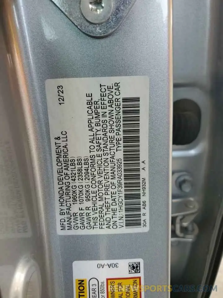 12 fotografías del automóvil dañado 1HGCY1F39RA033925 HONDA ACCORD 2024