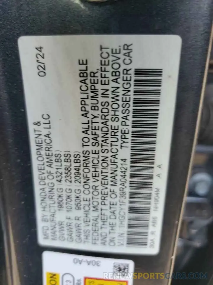 14 fotografías del automóvil dañado 1HGCY1F39RA044214 HONDA ACCORD 2024