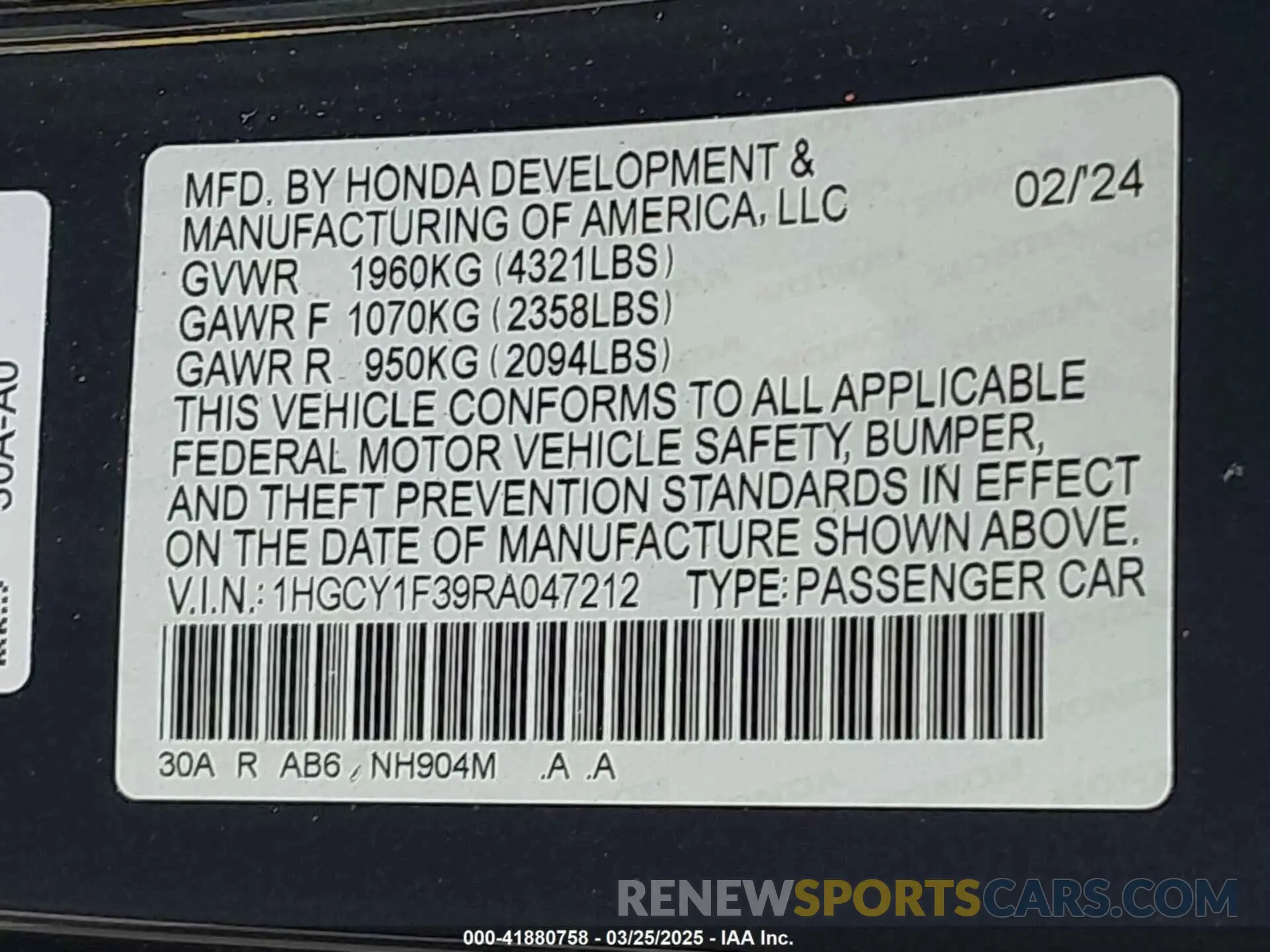 9 fotografías del automóvil dañado 1HGCY1F39RA047212 HONDA ACCORD 2024