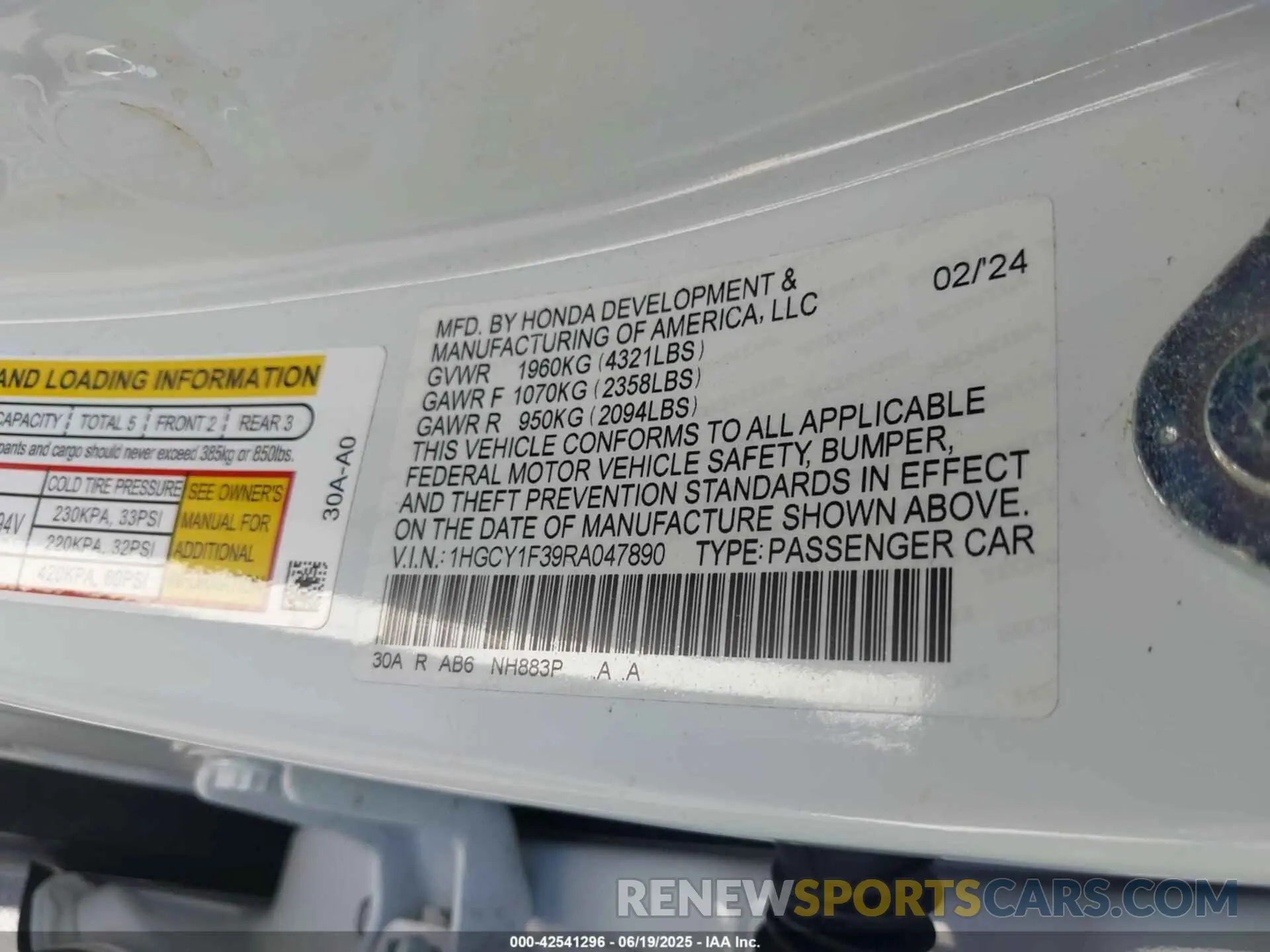 9 fotografías del automóvil dañado 1HGCY1F39RA047890 HONDA ACCORD 2024