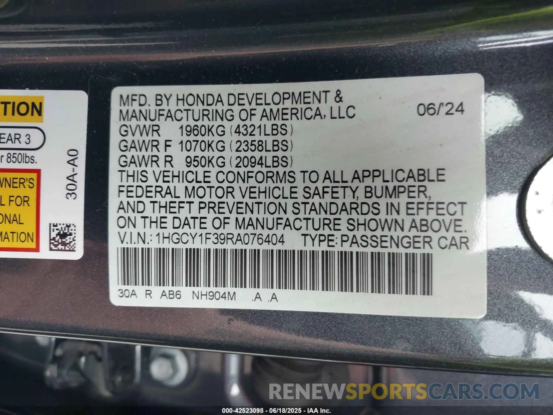 9 fotografías del automóvil dañado 1HGCY1F39RA076404 HONDA ACCORD 2024