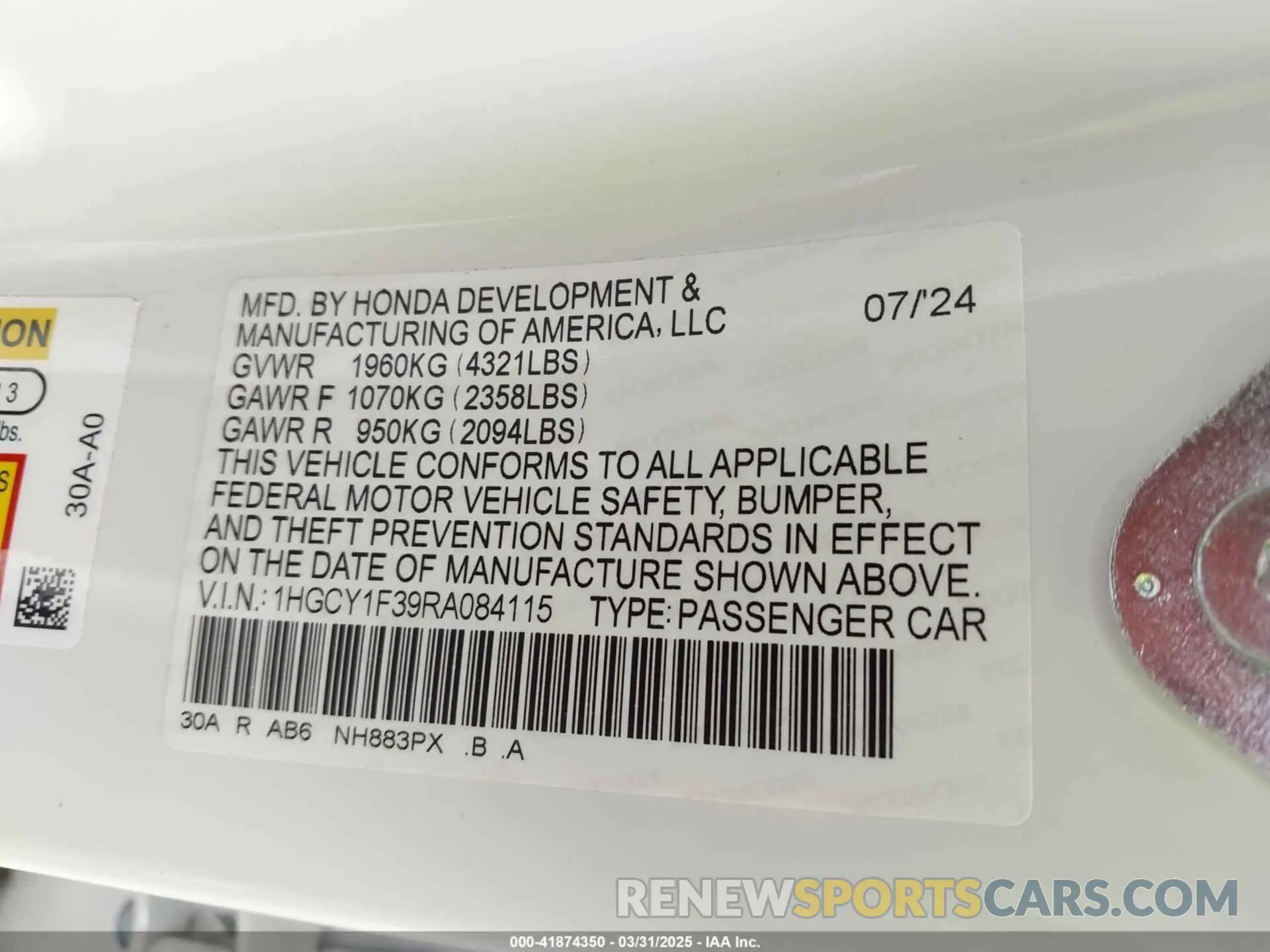 9 fotografías del automóvil dañado 1HGCY1F39RA084115 HONDA ACCORD 2024