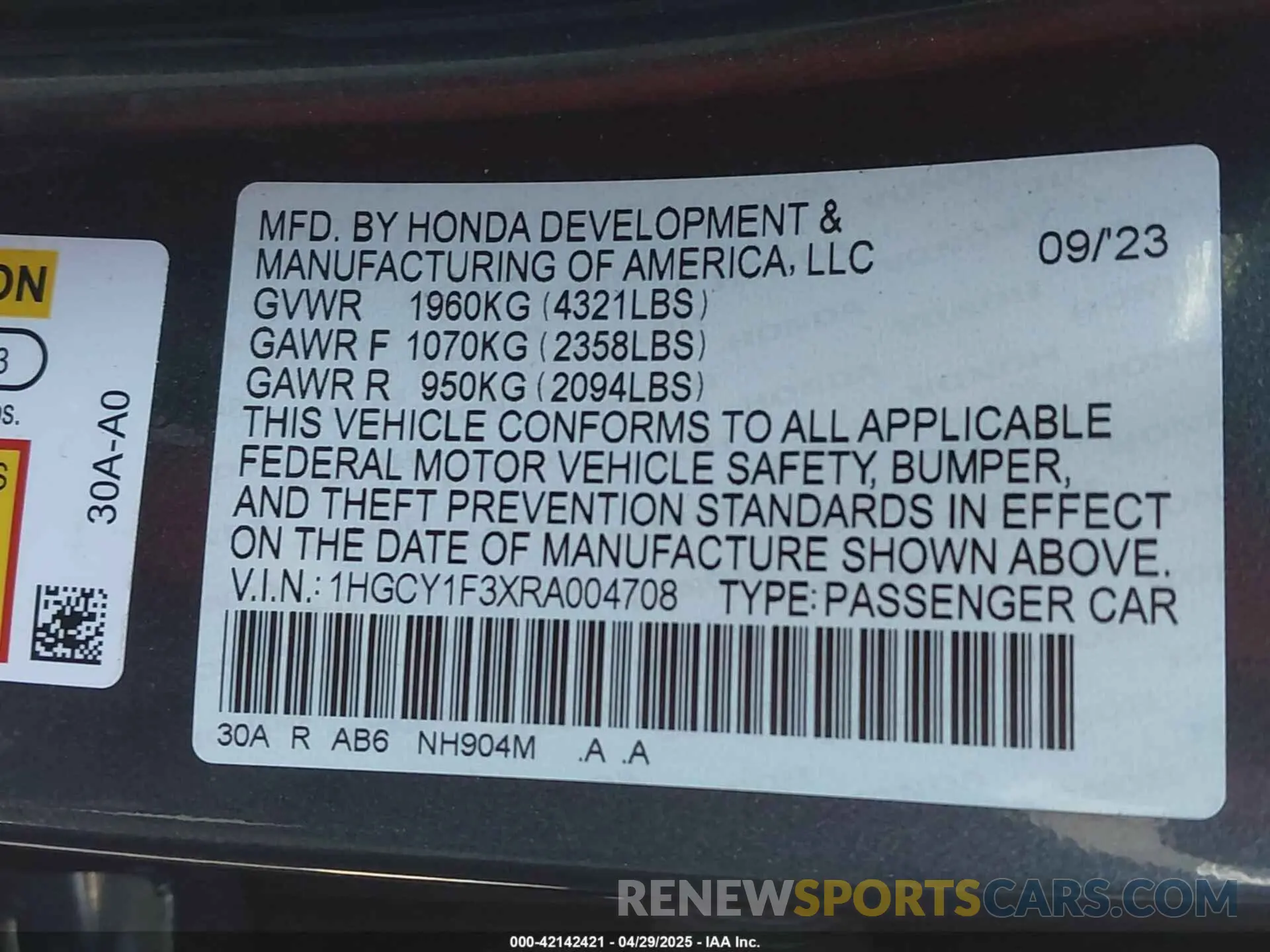9 fotografías del automóvil dañado 1HGCY1F3XRA004708 HONDA ACCORD 2024