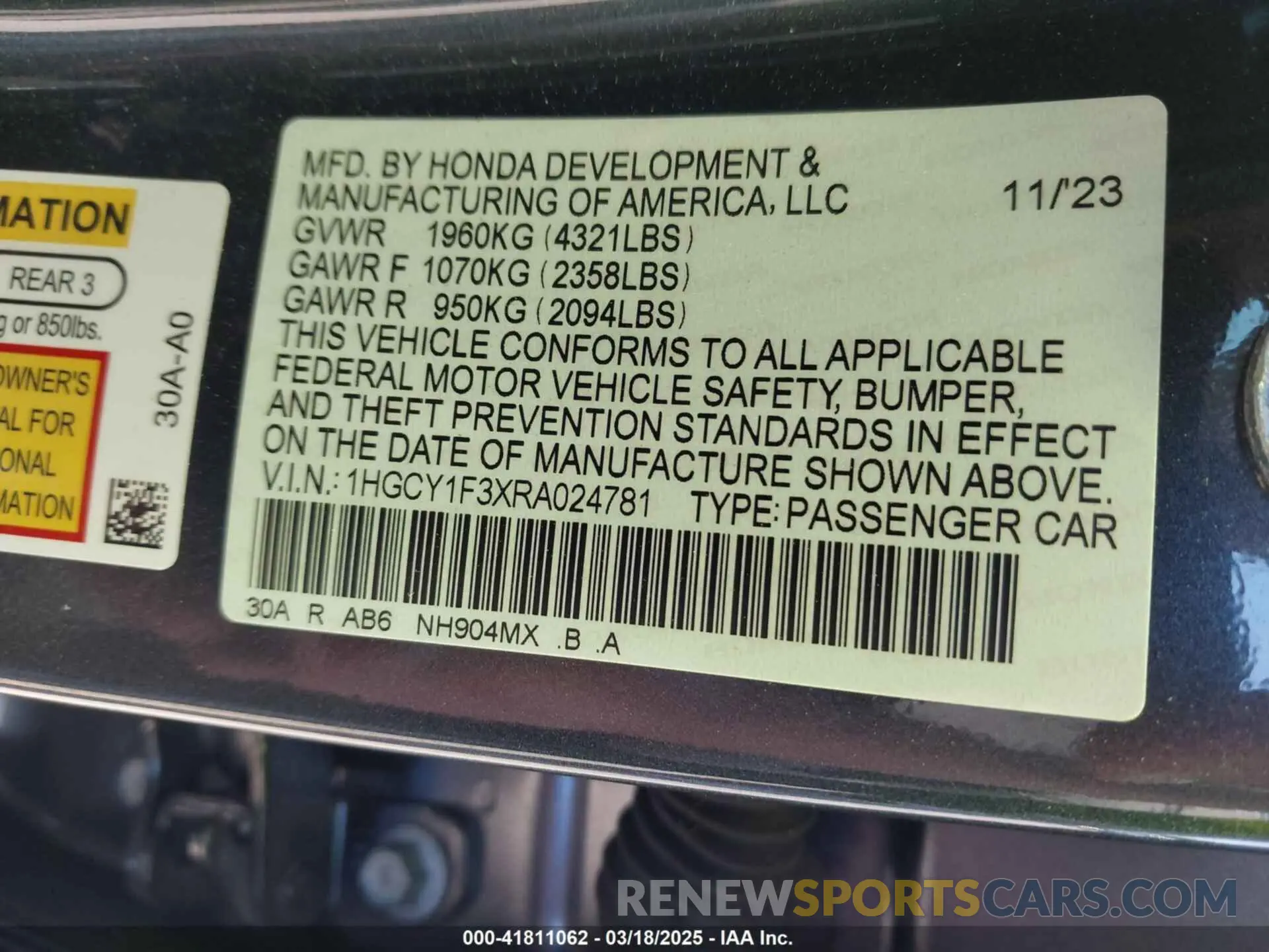 9 fotografías del automóvil dañado 1HGCY1F3XRA024781 HONDA ACCORD 2024