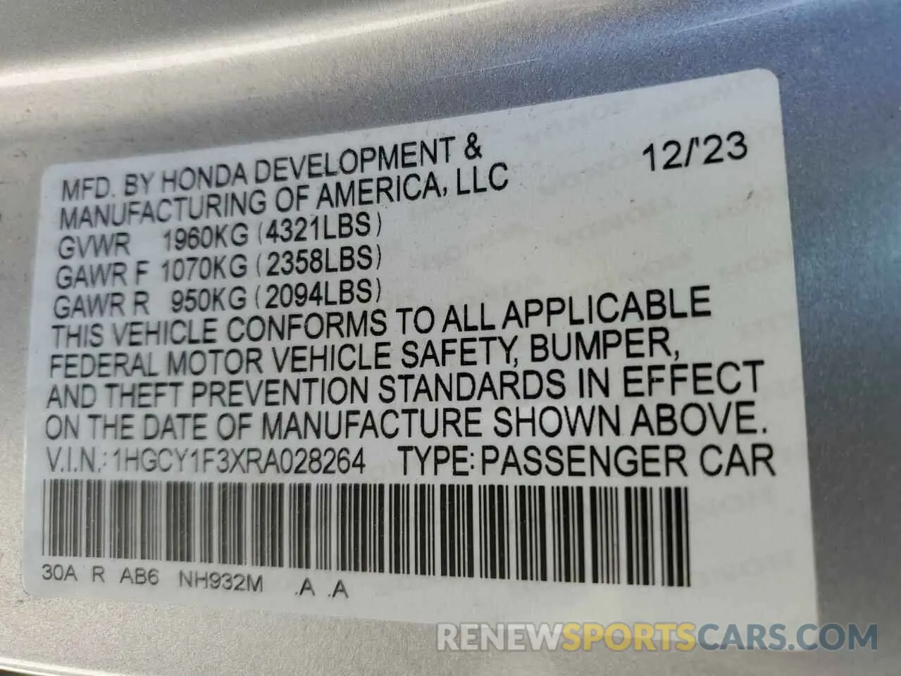 12 fotografías del automóvil dañado 1HGCY1F3XRA028264 HONDA ACCORD 2024