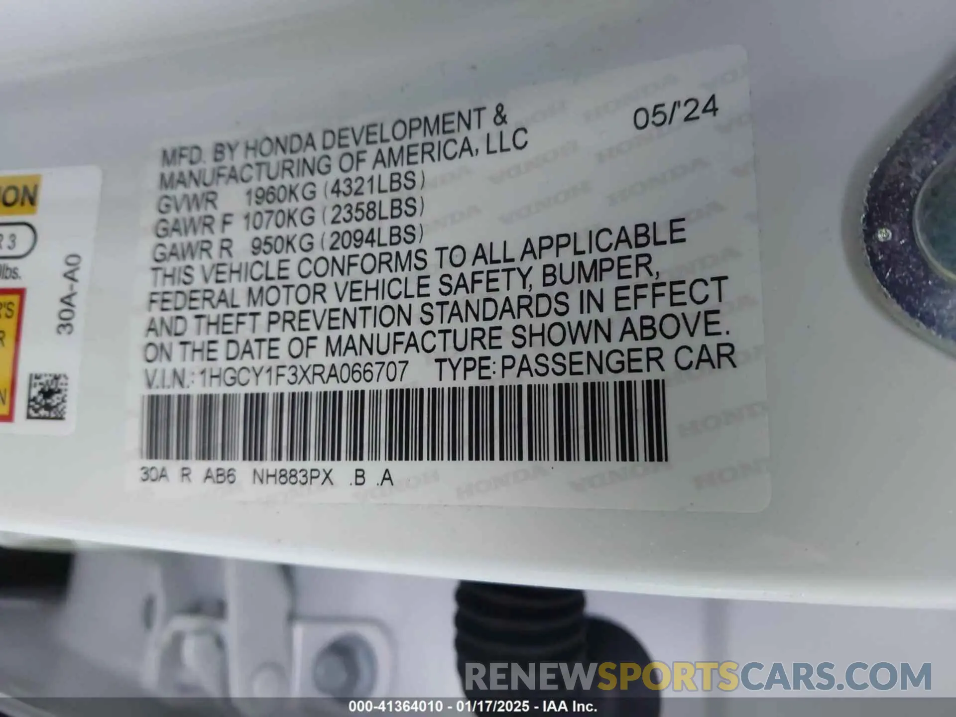 9 fotografías del automóvil dañado 1HGCY1F3XRA066707 HONDA ACCORD 2024