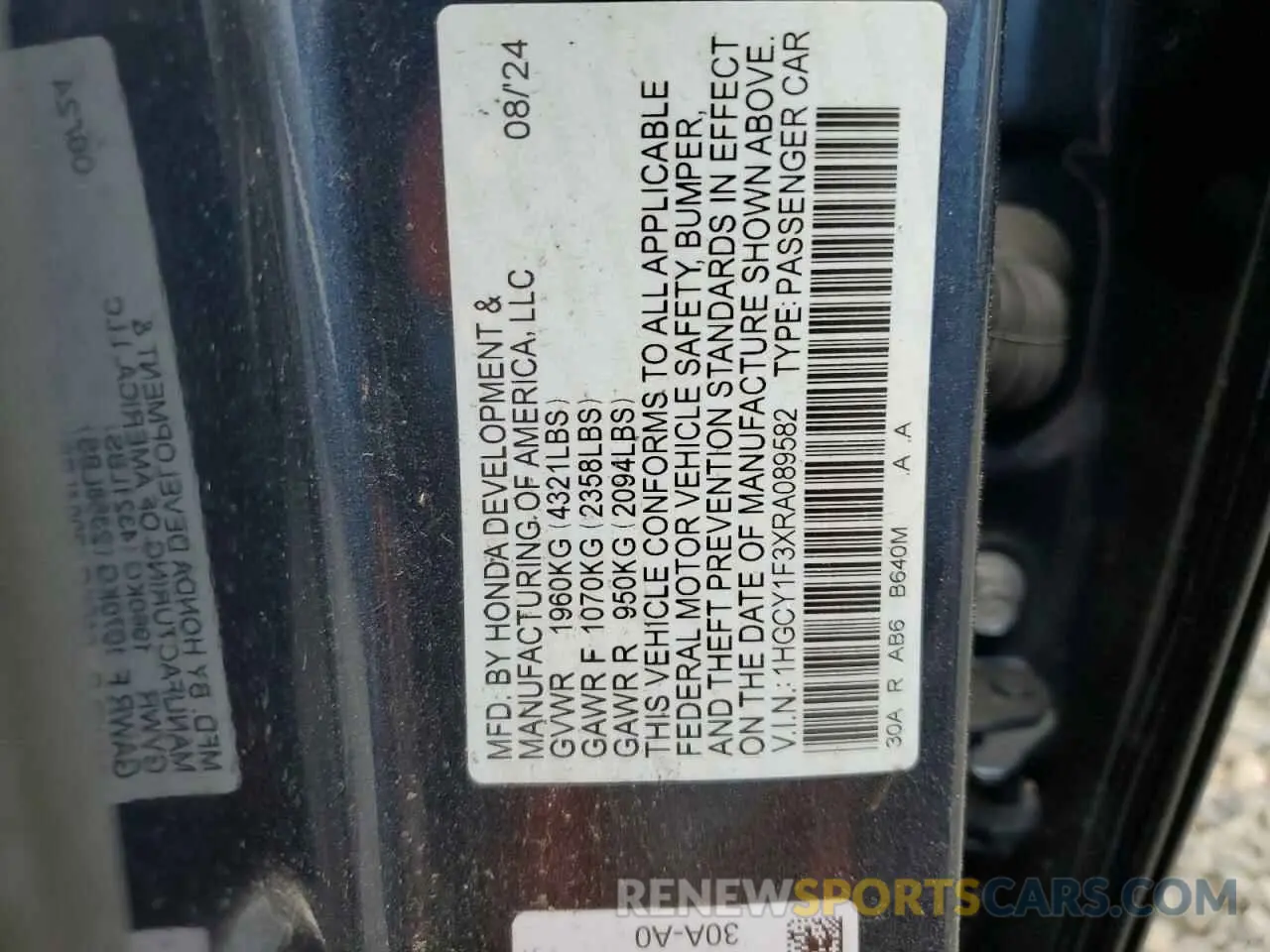 12 fotografías del automóvil dañado 1HGCY1F3XRA089582 HONDA ACCORD 2024