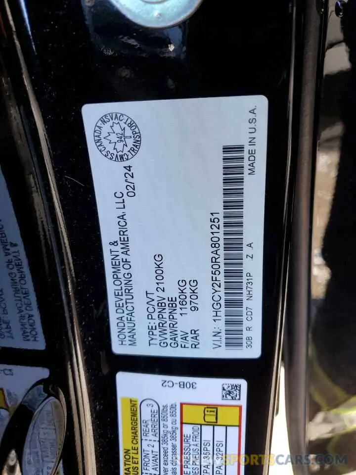 12 fotografías del automóvil dañado 1HGCY2F50RA801251 HONDA ACCORD 2024