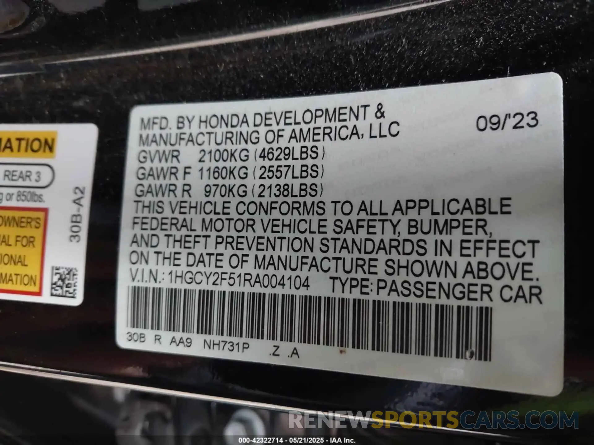 9 fotografías del automóvil dañado 1HGCY2F51RA004104 HONDA ACCORD 2024